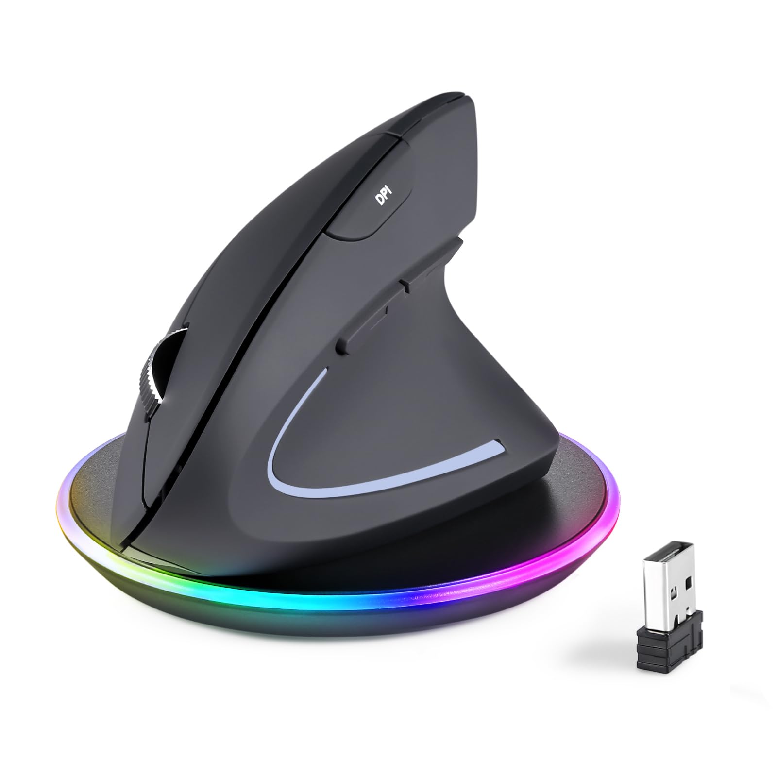 Perixx PERIMICE-813RX Kabellose Ergonomische Vertikale Maus, Multi-Device-Konnektivität, Wiederaufladbar Mit Ladestation, Einstellbare DPI 1000/1600/2400/3200, Schwarz