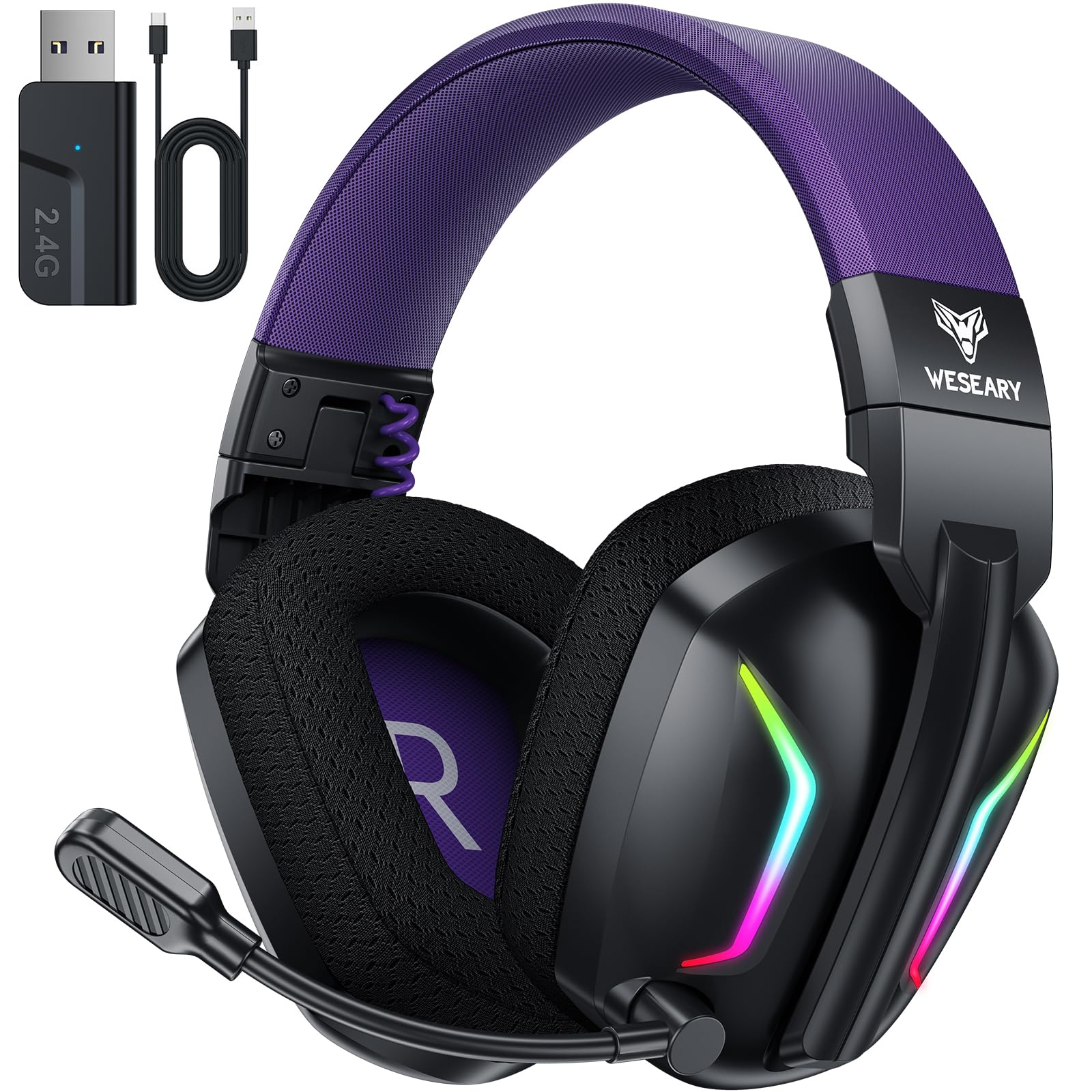 WESEARY WG1 Bluetooth Headset, 2,4G Wireless Gaming Headset mit Mikrofon für PS5, PS4, PC, Switch, Mac, Faltbarer Surround Sound Noise Cancelling Kopfhörer mit LED Licht, Über 50 Stunden Akkulaufzeit