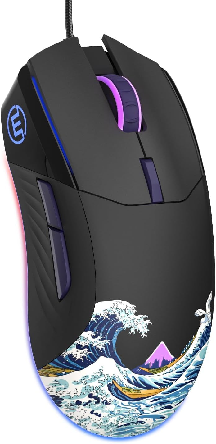 G705 USB-Gaming-Maus leichte, geräuscharme Maus mit RGB-Hintergrundbeleuchtung, Einstellbarer Auflösung von 12000DPI/7 und 7 programmierbaren Seitentasten, Schwarzes Kanagawa-Design