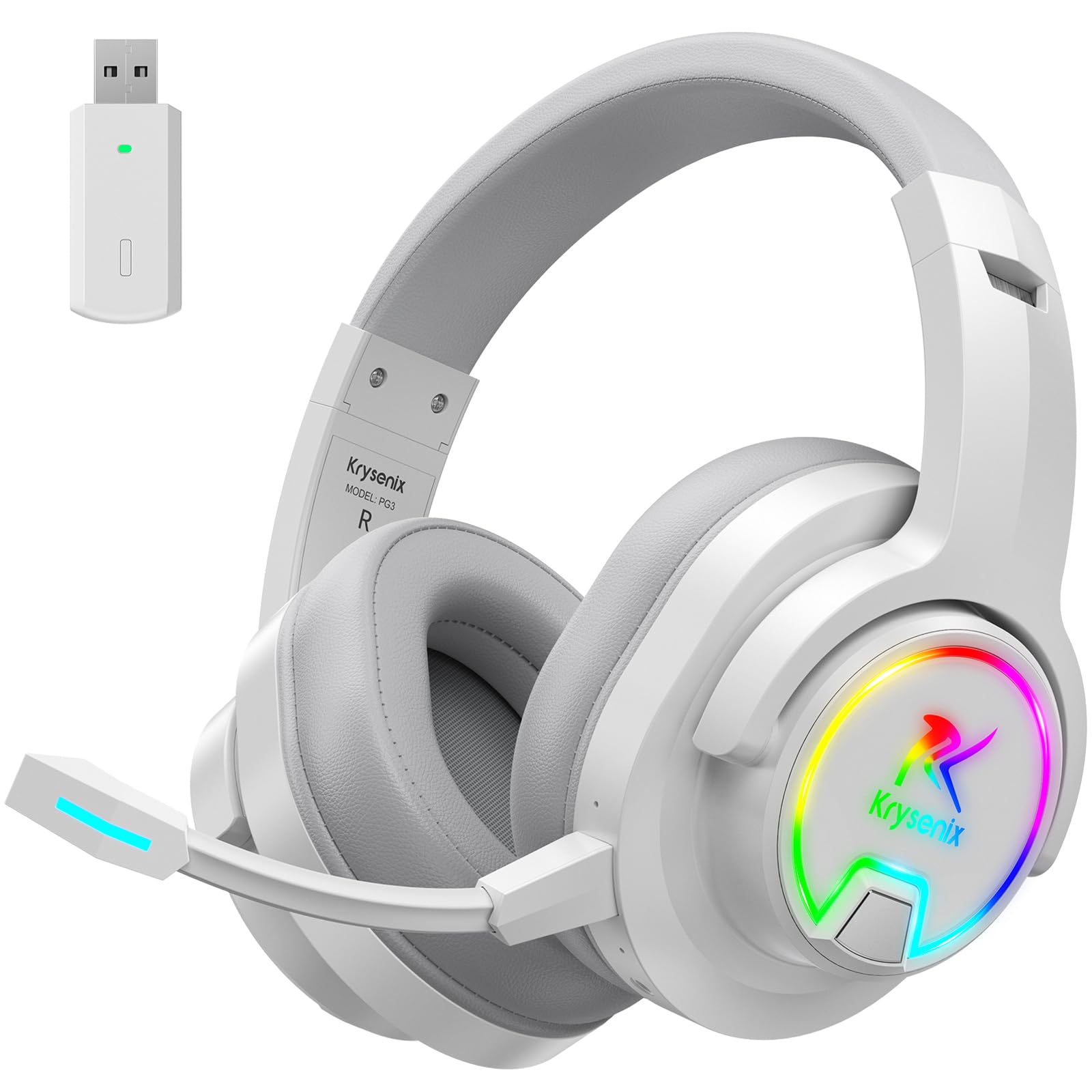 Krysenix PG3 Gaming Headset Wireless für PS4, PS5, PC, Mac, Switch, 48H 2.4GHz Gaming Headset mit Noise Cancelling Mikrofon, Kabelloses Bluetooth Headset mit LED-Lichtern, Surround Sound