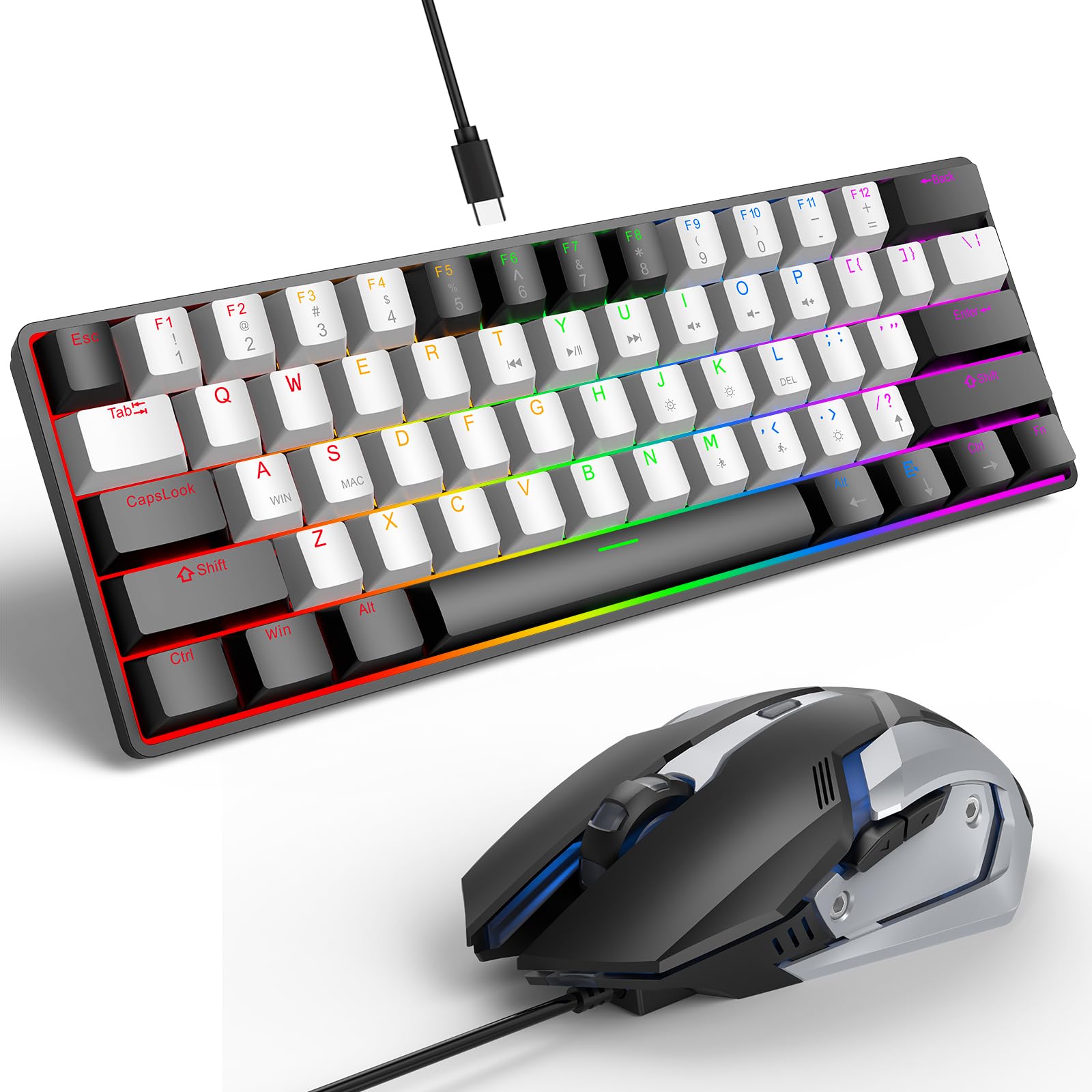 Tragbare 60 % mechanische Gaming-Tastatur, RGB-Hintergrundbeleuchtung, 61 Tasten, ultrakompakte Spiel-Tastatur mit Maus, Mini-Computertastatur mit rotem Schalter für Windows, Mac, Laptop, PC