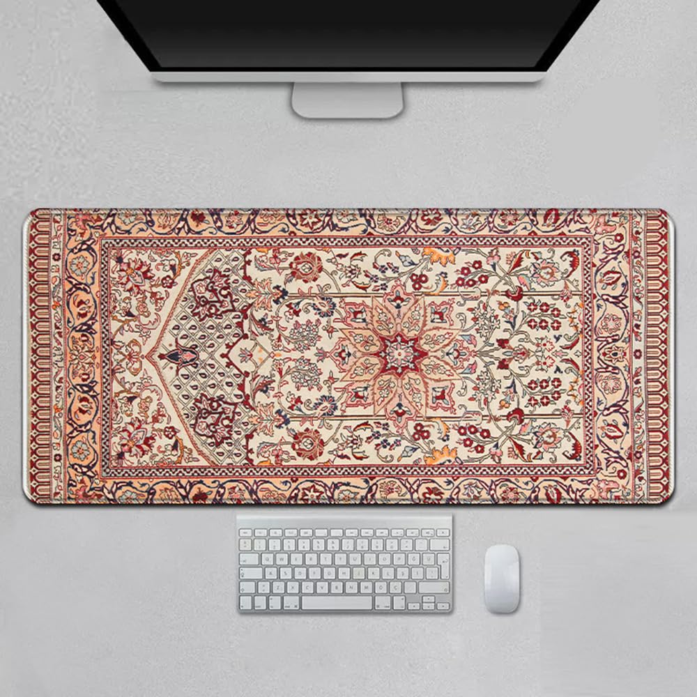 Surwin Gaming Mauspad Groß Multifunktionales Office Mousepad, Laptop Schreibunterlage, Mauspads mit Bohemian Stil, für Computerbüro, kabellose Maus (Orange-Beige,900x400mm)
