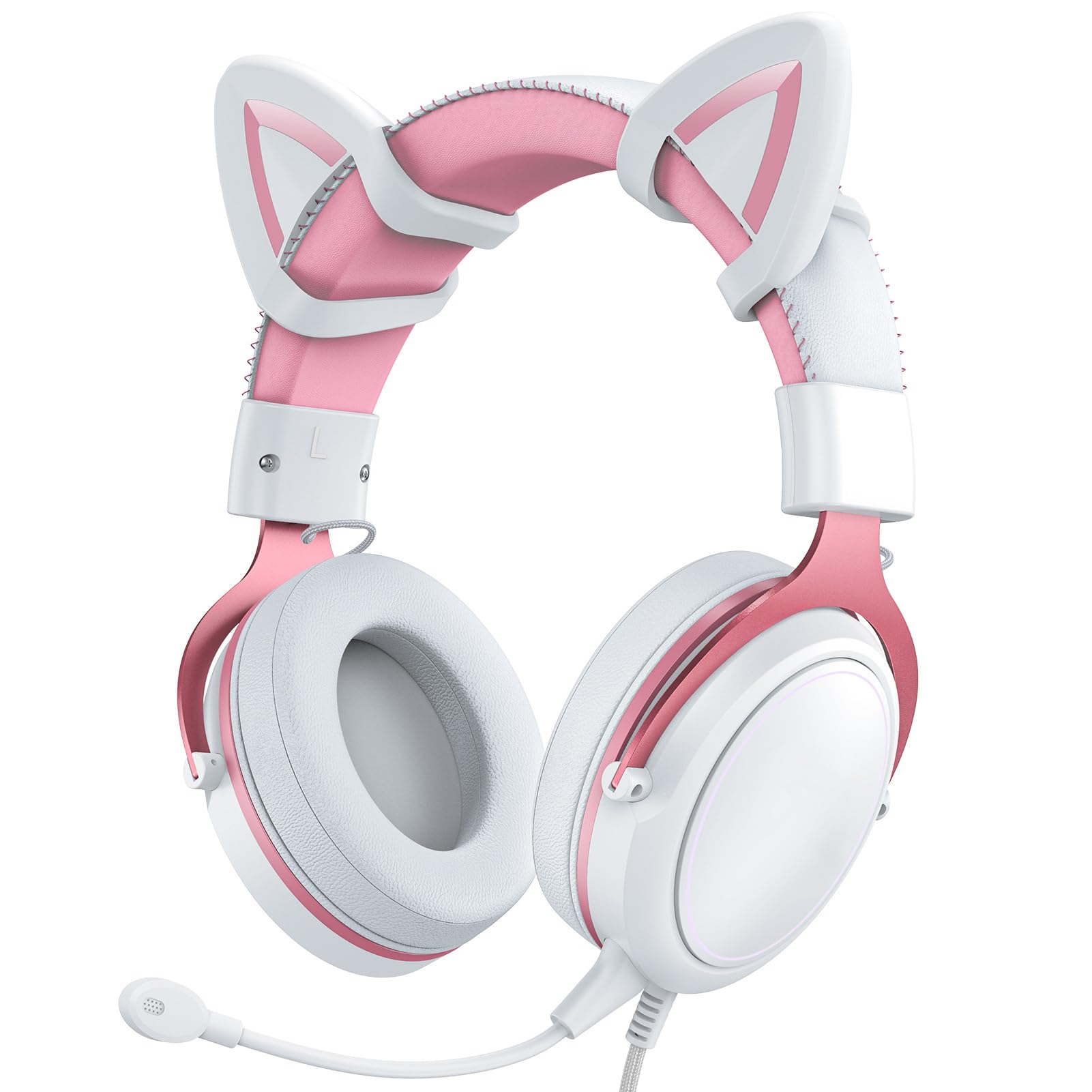 Denash Katzenohr -Kopfhörer, Verkabeltes RGB -Gaming -Headset mit Mikrofon, Leuchtende Geräuschreduktion über Ohr -süße Kopfhörer für Spieler (Weißrosa mit Katzenohren Dekor)