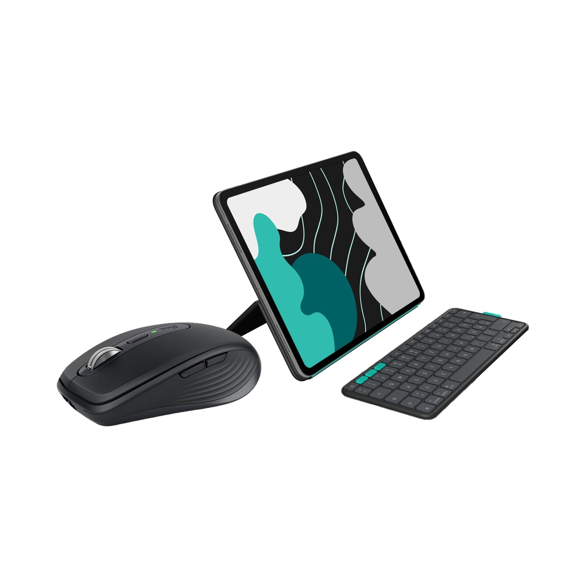 Logitech MX Anywhere 3S Compact Kabellose Maus Flip Folio, Tastatur-Case für iPad Pro 13 Zoll (M4) und iPad Air 13 Zoll (M2 und M3) (2024, 2025), DEU QWERTZ-Layout – Grafit