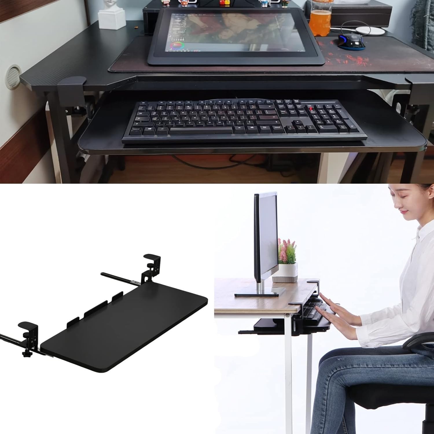 Ergonomische verschiebbare Tastaturablage mit Klemme für unter dem Schreibtisch, verstellbare Plattform für Tastatur und Maus, platzsparendes Design für Home Office oder Gaming Setup