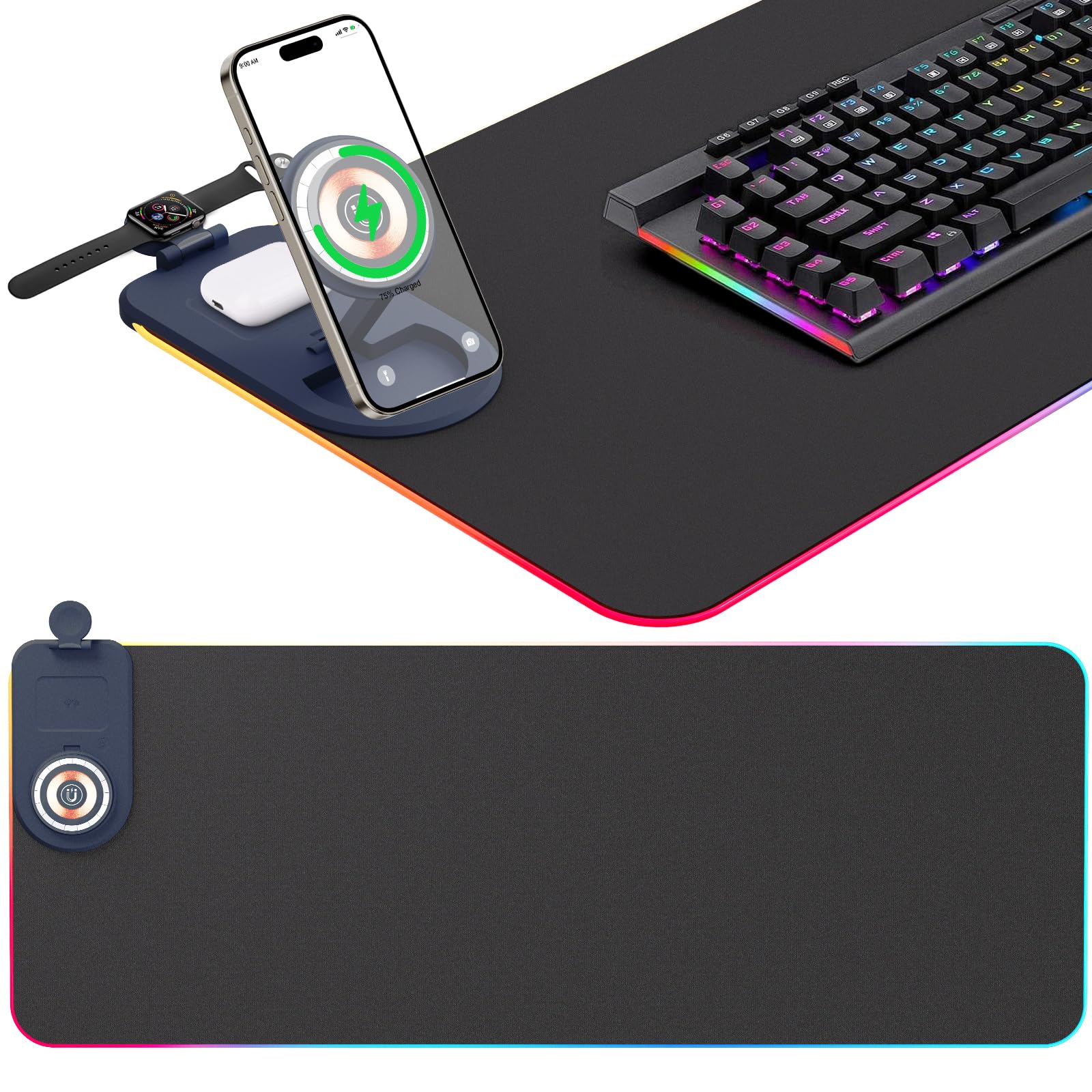 2025 Upgrade Gaming Mauspad RGB, 800 * 300 * 4mm LED Wireless Charging Mouse, 15W Kabelloser Schnellladung,15 Farben LED-Licht, Mousepad für Ql Wireless Standard Handys/Mäuse/Uhren