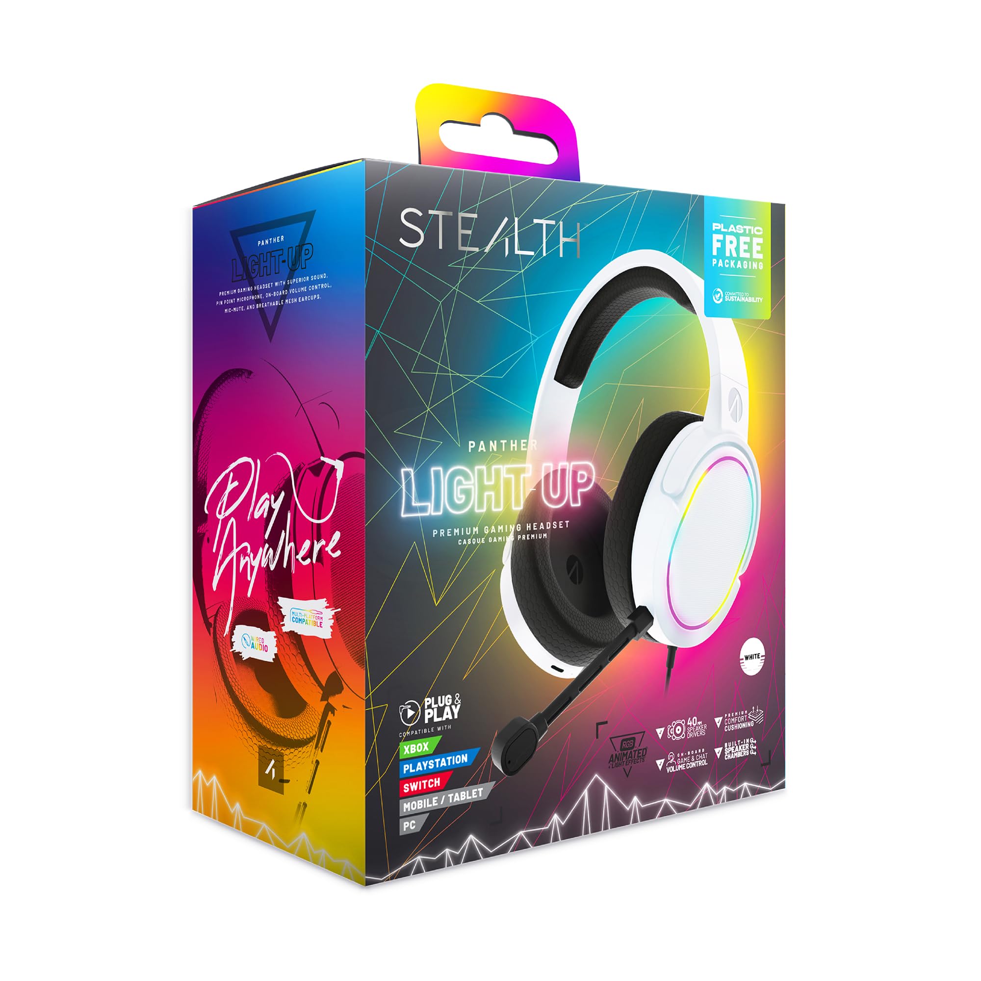 STEALTH Panther RGB-LED-Gaming-Headset, weiß, kompatibel mit PS4/PS5, XBOX, Switch, PC mit flexiblem Mikrofon, 3,5-mm-Klinkenstecker, 1,5 m Kabel, leicht, bequem und langlebig