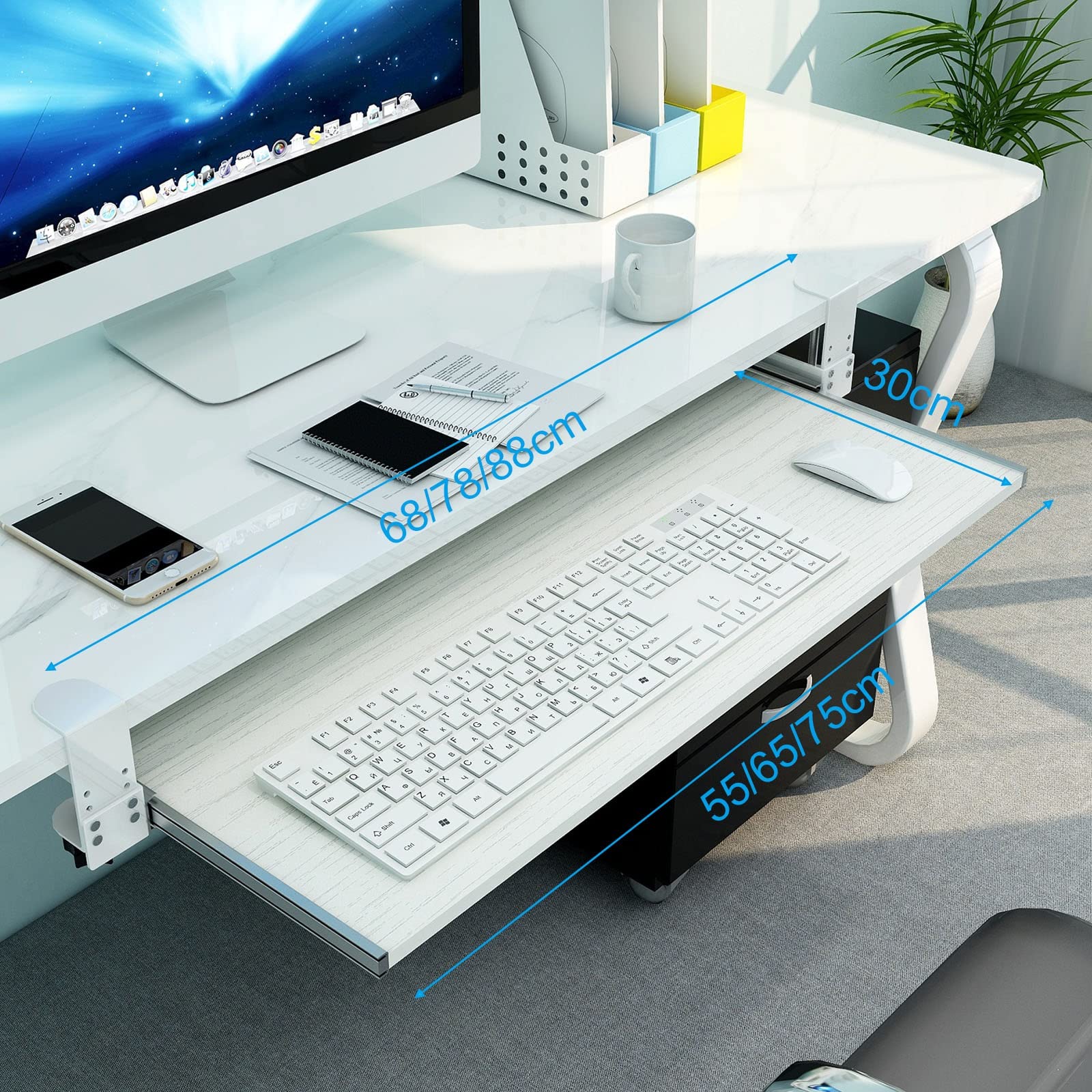 Ergonomische Tastaturablage unter dem Schreibtisch mit Handgelenkstütze und Maus-Plattform, 65 x 30 cm, ausziehbare Schublade für Heimbüro und Gaming, platzsparendes Design, Weiß