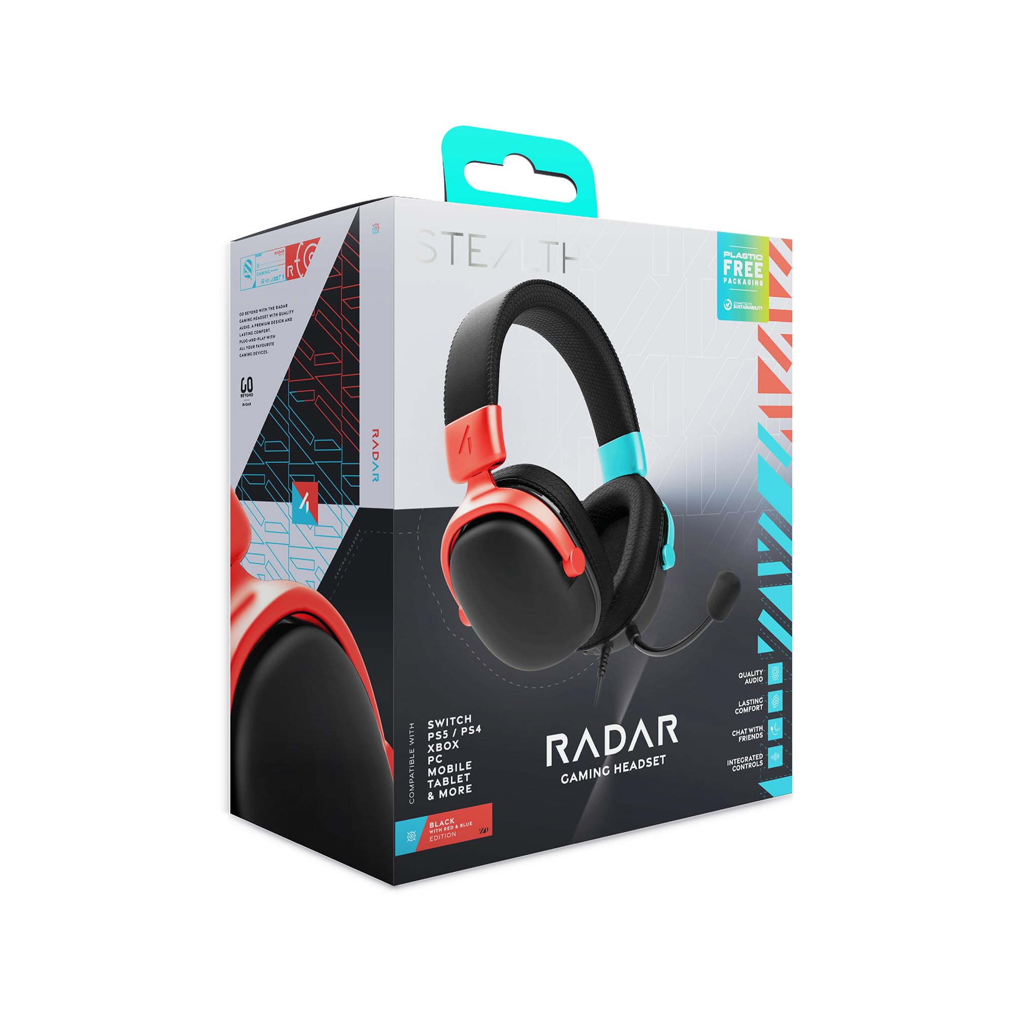 STEALTH RADAR Gaming Headset - Blau/Rot, Kompatibel mit Spielekonsolen, Handy und PC