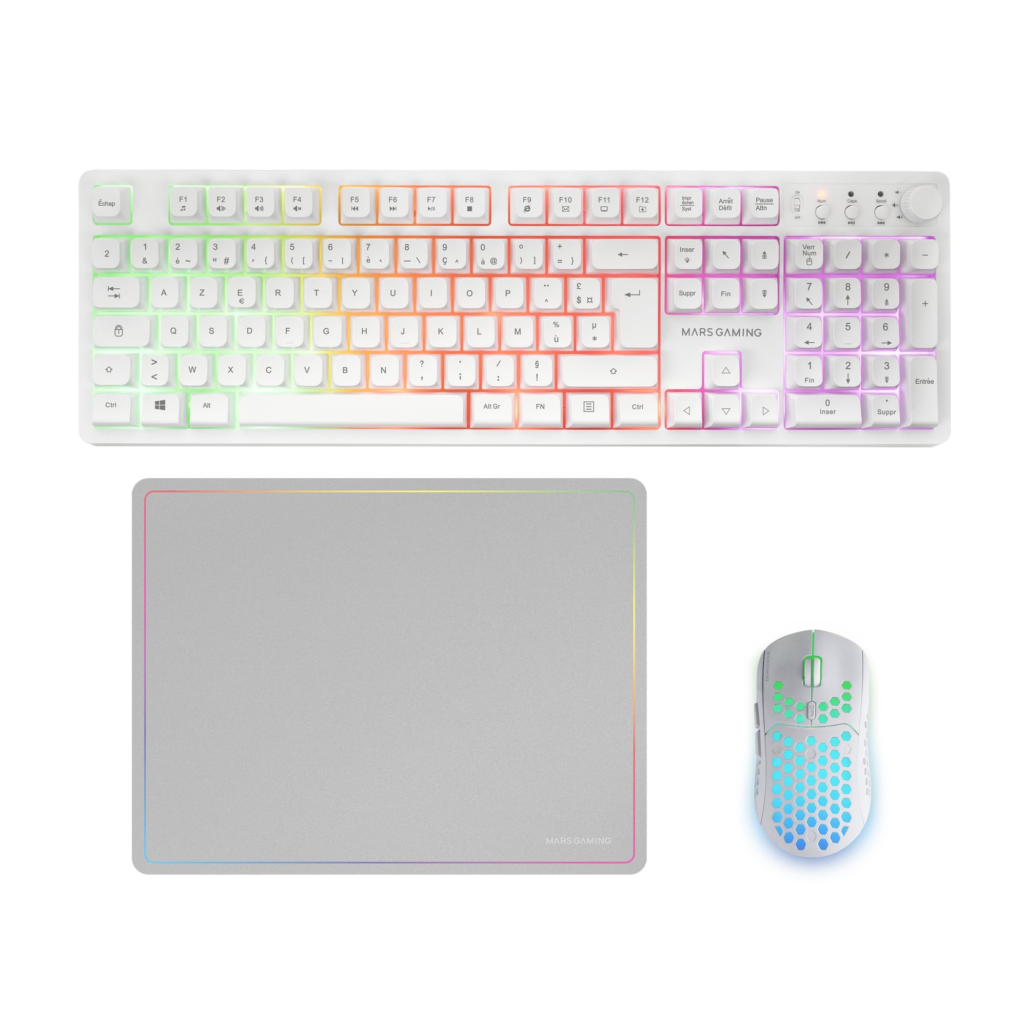 Mars Gaming MCPWX, Französisch, Kabelloses Gaming-Combo, DualPro Link 2.4GPRO-Technologie, Vollformat-FRGB-Tastatur mit Multimedia-Steuerung + RGB 3200DPI Maus + rutschfeste 360x260mm-Mausmatte, Weiß
