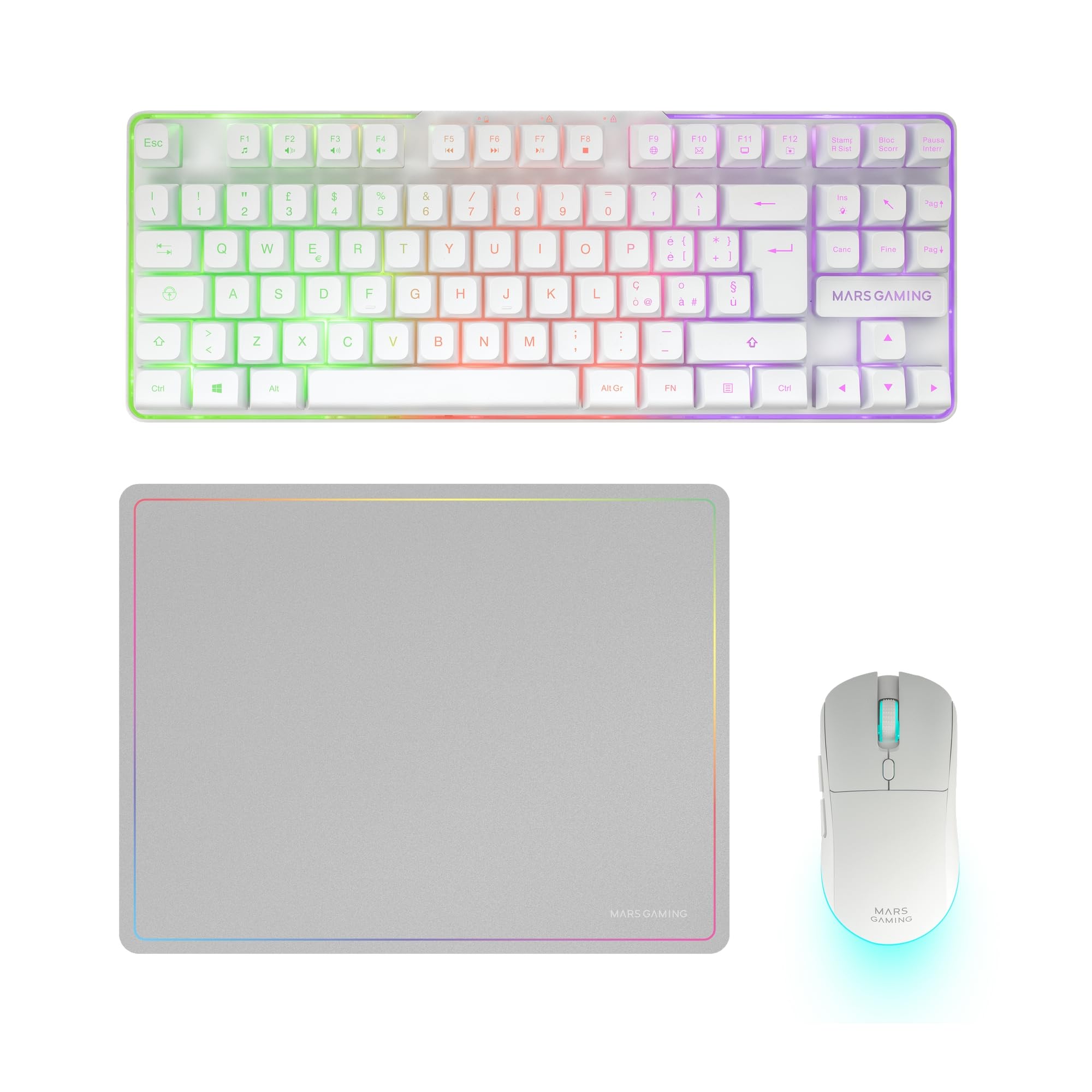 Mars Gaming MCPWTKL, Italienisch, Kabelloses Gaming-Combo, DualPro Link 2.4GPRO-Technologie, TKL FRGB Rainbow Tastatur + RGB 3200DPI Maus mit HUANO-Switches + rutschfeste 360x260mm-Mausmatte, Weiß