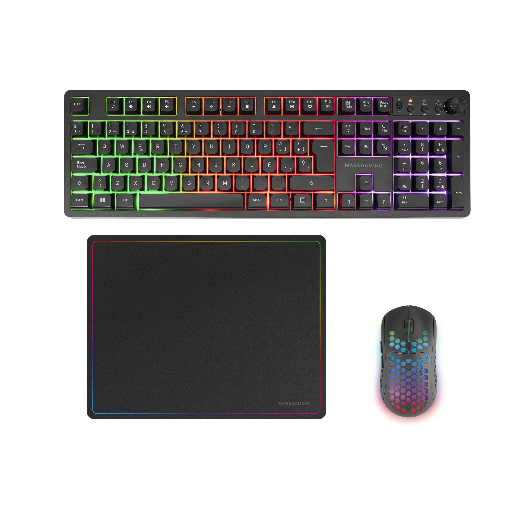 Mars Gaming MCPWX, Spanisch, Kabelloses Gaming-Combo, DualPro Link 2.4GPRO-Technologie, Vollformat-FRGB-Tastatur mit Multimedia-Steuerung + RGB 3200DPI Maus + rutschfeste 360x260mm-Mausmatte, Schwarz