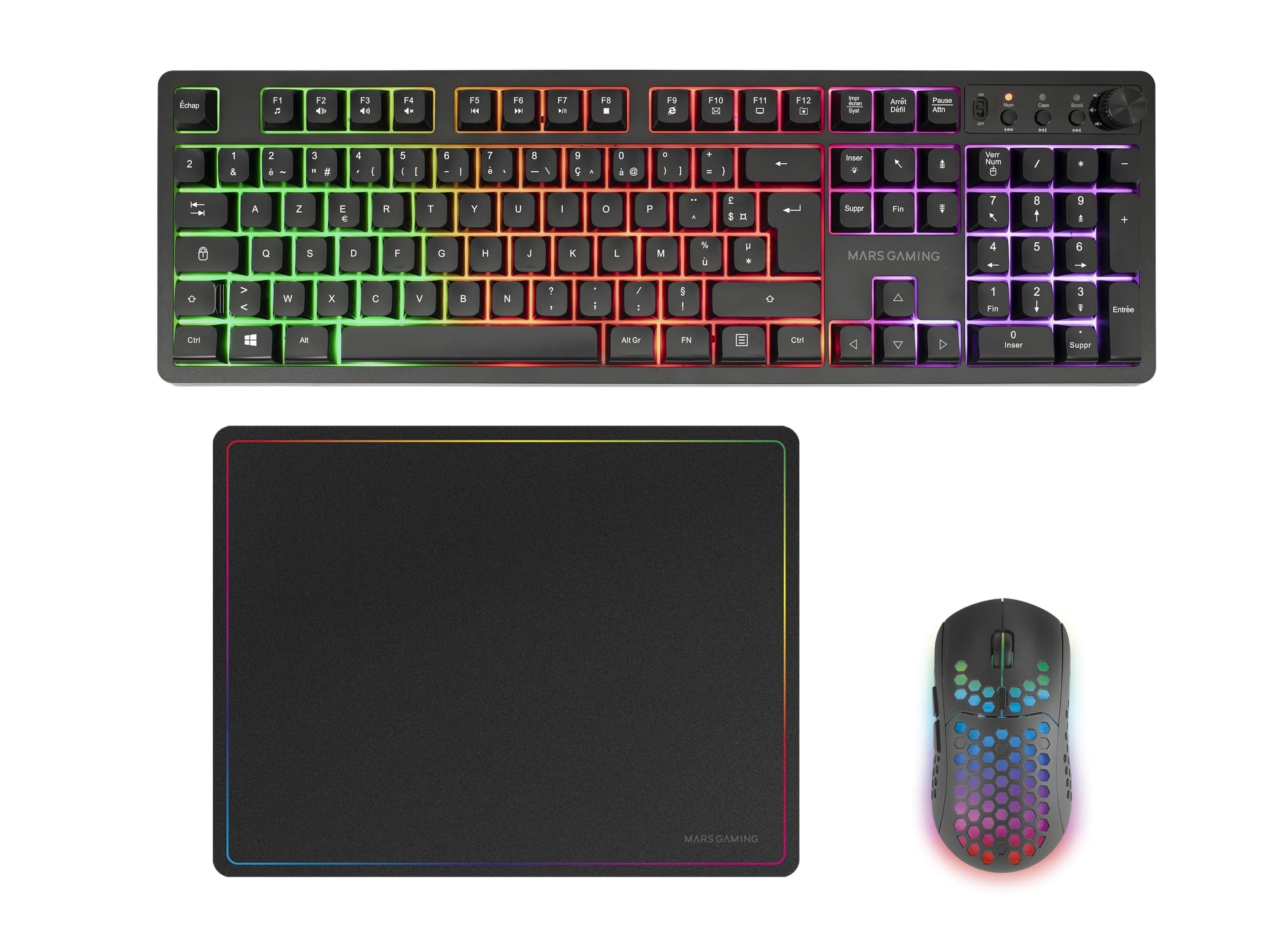 Mars Gaming MCPWX, Französisch, Kabelloses Gaming-Combo, DualPro Link 2.4GPRO-Technologie, Vollformat-FRGB-Tastatur mit Multimedia-Steuerung + RGB 3200DPI Maus + Rutschfeste 36x26cm-Mausmatte, Schwarz