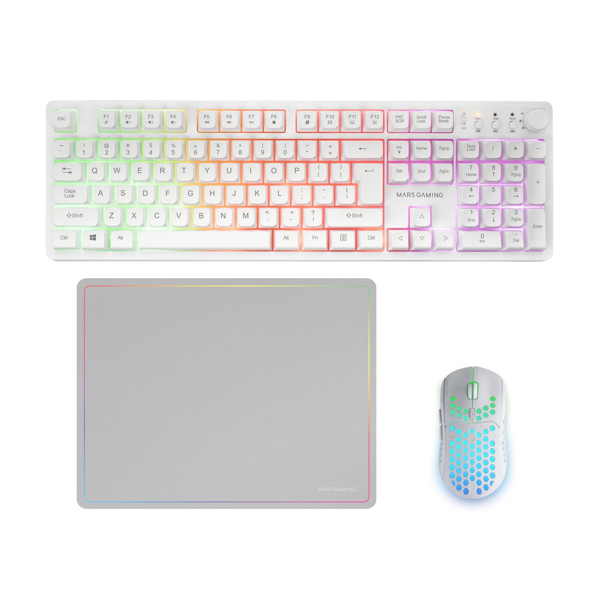 Mars Gaming MCPWX, Englisch US, Kabelloses Gaming-Combo, DualPro Link 2.4GPRO-Technologie, Vollformat-FRGB-Tastatur mit Multimedia-Steuerung + RGB 3200DPI Maus + rutschfeste 360x260mm-Mausmatte, Weiß