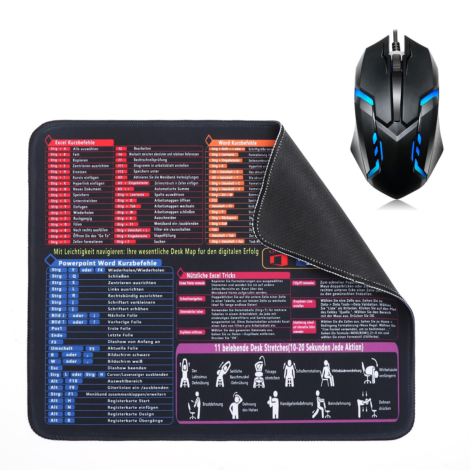 Mauspad 250x300x3mm, Excel Mouse Pad Klein Shortcuts Unterlage Deutsch, Gaming Mousepad Rutschfest Wasserdicht, Excel Schreibtischunterlage mit Word PPT für PC Büro Laptop Arbeit Studium Zuhause