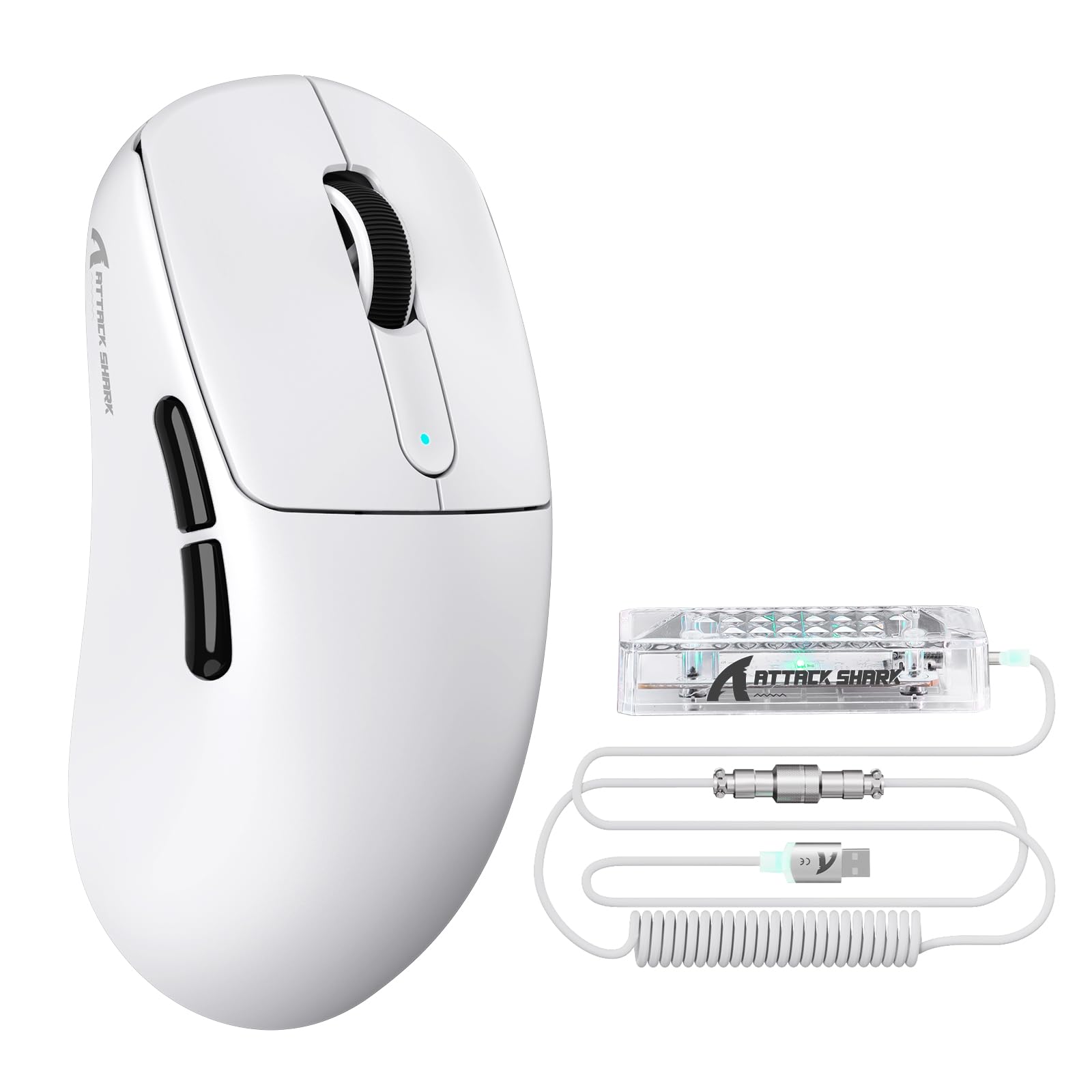 ATTACK SHARK V5 8KHz Kabellose Gaming-Maus, 53G SUPERLEICHT,PixArt PAW3950MAX-Sensor,Nordic 52840 MCU,BT/2,4G/USB-C-Mäuse mit Spiralkabel,42KDPI,Ice-Feel-Beschichtung,Ideal für große Hände,Weiß
