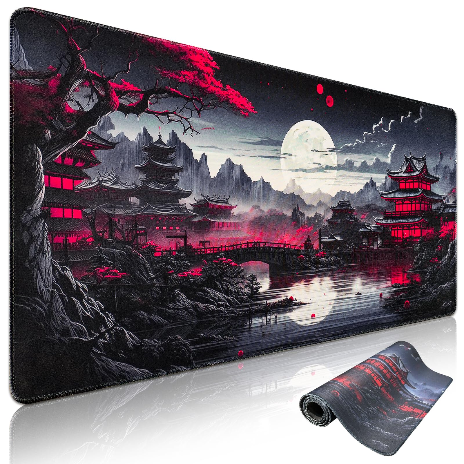 Niviy XXL Gaming Mauspad 900 x 400mm Japan Malerei Mousepad,Überdimensionales Schreibtischunterlage mit Nähten an den Rändern rutschfeste Tischunterlage Gaming,Mauspad für PC,Maus und Tastatur