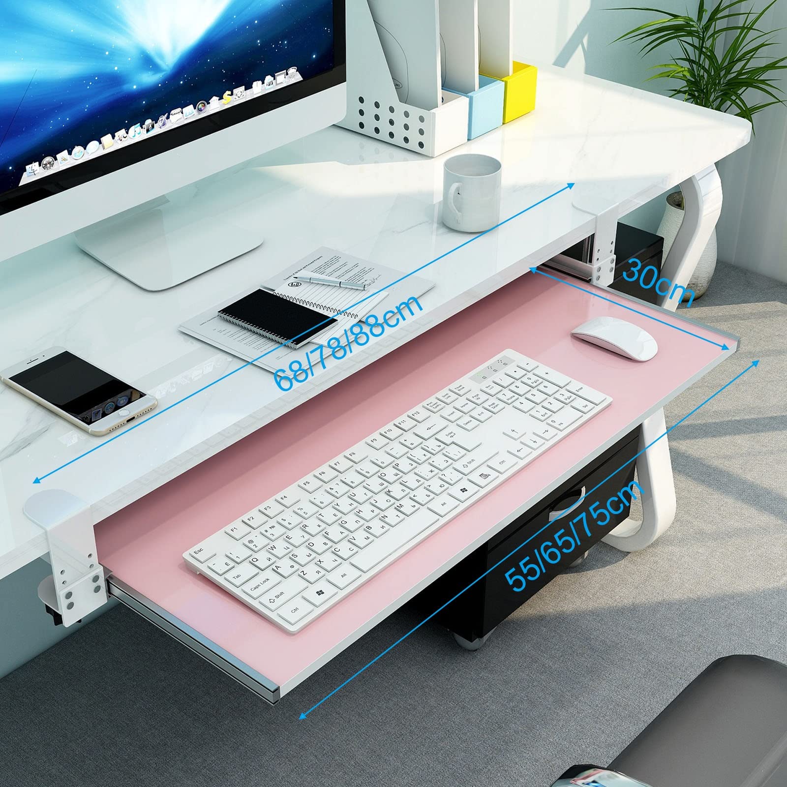 Ergonomische Schreibtischverlängerung mit herausziehbarer Tastaturablage und Maus-Plattform, Untertischstütze für Handgelenkstütze, Rosa, 65 x 30 cm, ideal für Heimbüro und Gaming-Arbeitsplätze