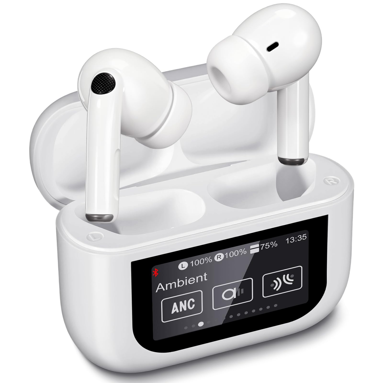 Bluetooth Kopfhörer mit Touchscreen, In Ear Kopfhörer Kabellos Bluetooth 5.4, In-Ear Ohrhörer mit ANC+ENC Noise Cancelling, IPX7 Wasserdichte Kopfhörer 48H HiFi Stereo Ohrhörer mit 5 EQ-Modi Weiß