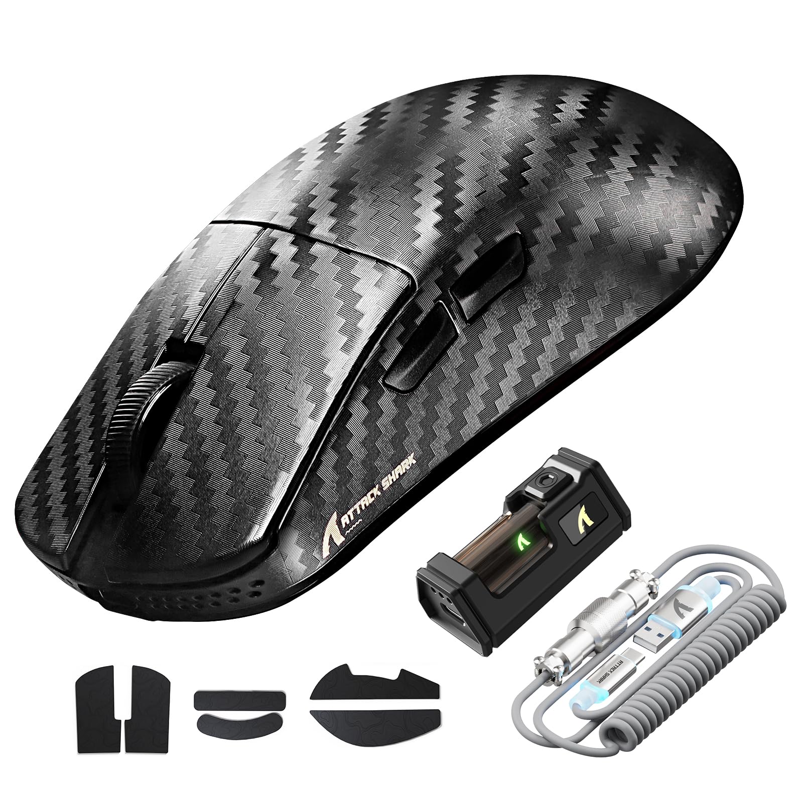 ATTACK SHARK R11 ULTRA Kabellose Gaming-Maus aus Kohlefaser mit LED-Spiralkabel, 8000Hz, PAW3950MAX, 49g Leicht, 42000 DPI, 20000FPS, Nordic 52840 Chip, Nano-Metal Ice Coating, für PC, Weben Schwarz