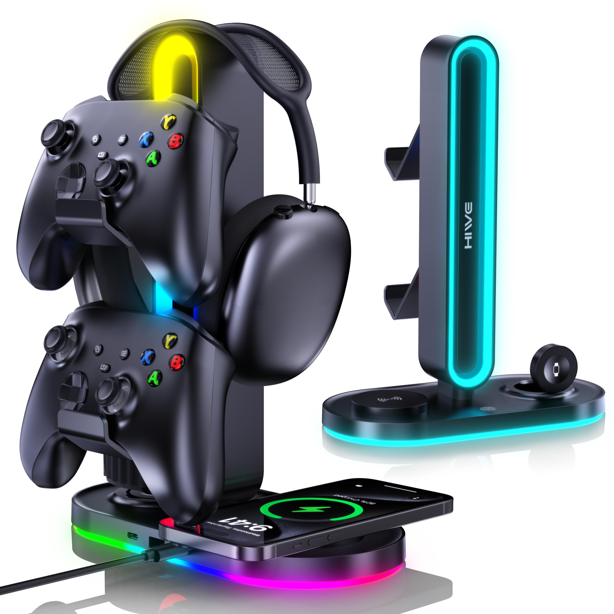 HiWe Universal RGB Gaming Kopfhörerständer mit 2 Controller-Halter, kabelloses Ladegerät für iPhone/iWatch, solides ABS, rutschfeste Unterseite, Schwarz