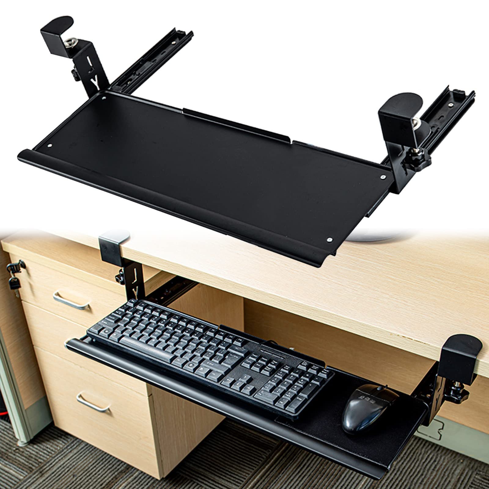 Ergonomische, erweiterbare Schreibtischablage, 60 x 20 cm, Metall-Tastatur- und Maus-Plattform, 18 kg Kapazität, leichtgängige Schienen, schwarz, ideal für Heimbüro und Gaming-Setup
