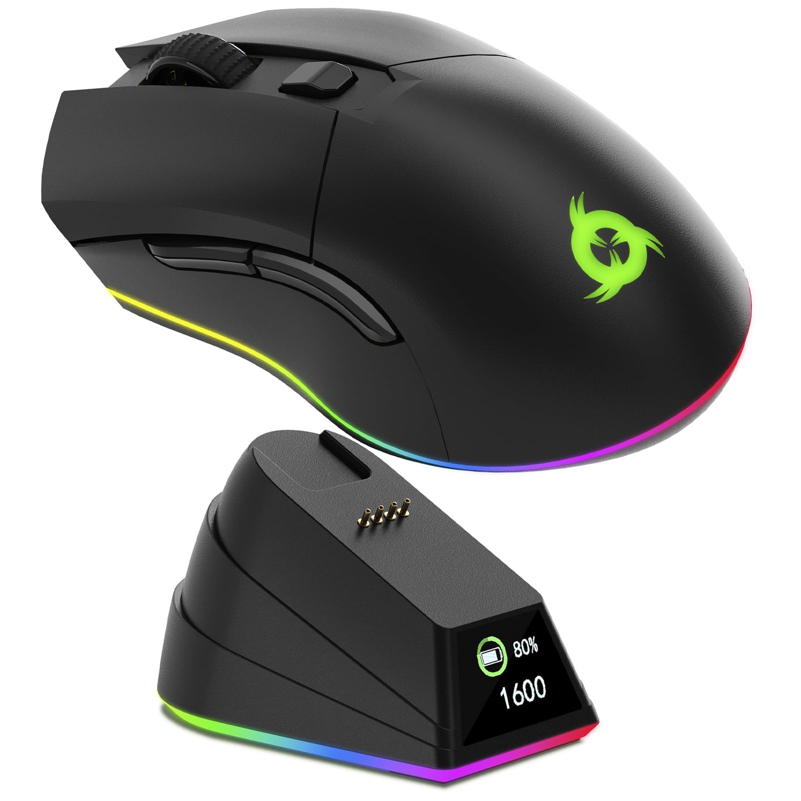 KLIM Blaze Pro Wiederaufladbare kabellose Maus - Neu mit LCD-Display - Gaming Maus mit RGB und Ladestation - Hochpräziser Sensor und langlebiger Akku - Bis zu 6000 DPI