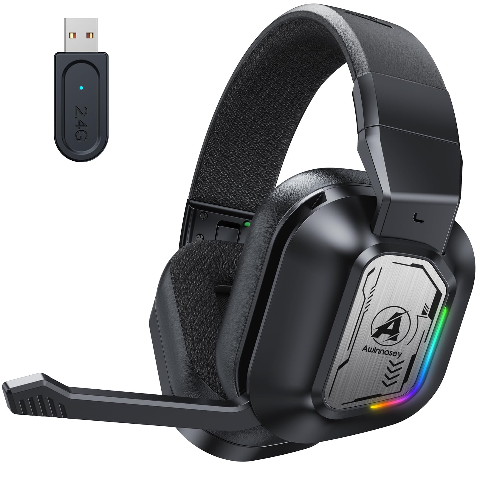 PH4 Wireless Gaming Headset mit Mikrofon, 2,4 GHz Gaming Kopfhörer für PS5, PS4, PC, Switch, Mac, Faltbarer Geräuschunterdrückung Bluetooth Kopfhörer mit LED Licht, Schwarz