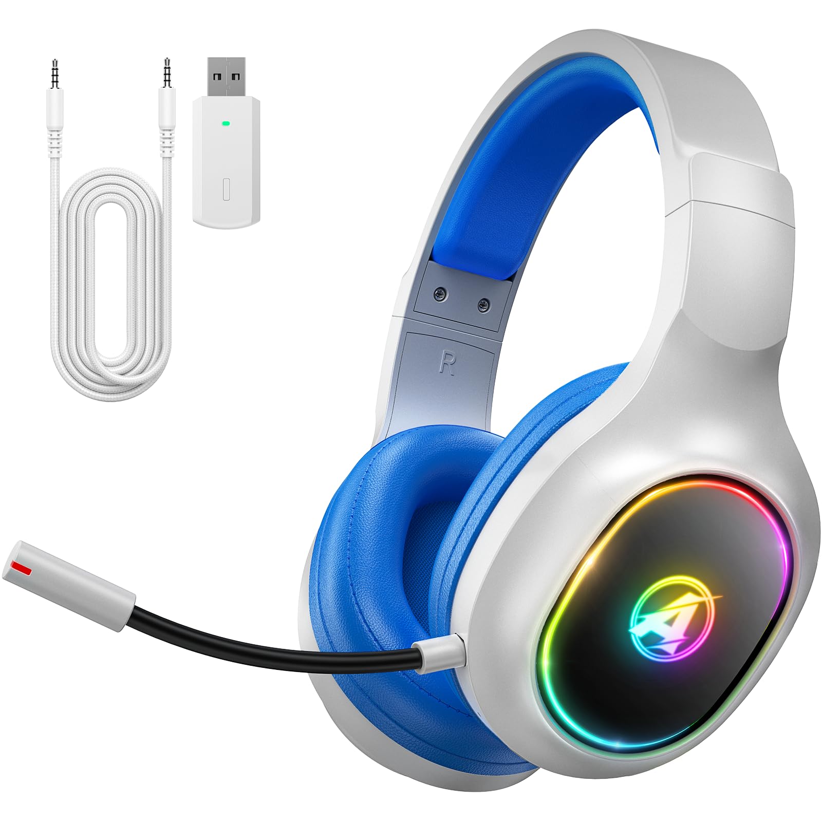 Wireless Gaming Headset für PS4, PS5, PC, Mac, Switch, 2,4 GHz Gaming Kopfhörer mit Geräuschunterdrückung und RGB Licht, Bluetooth Kopfhörer mit Kabel 3.5mm, Weiß Blau