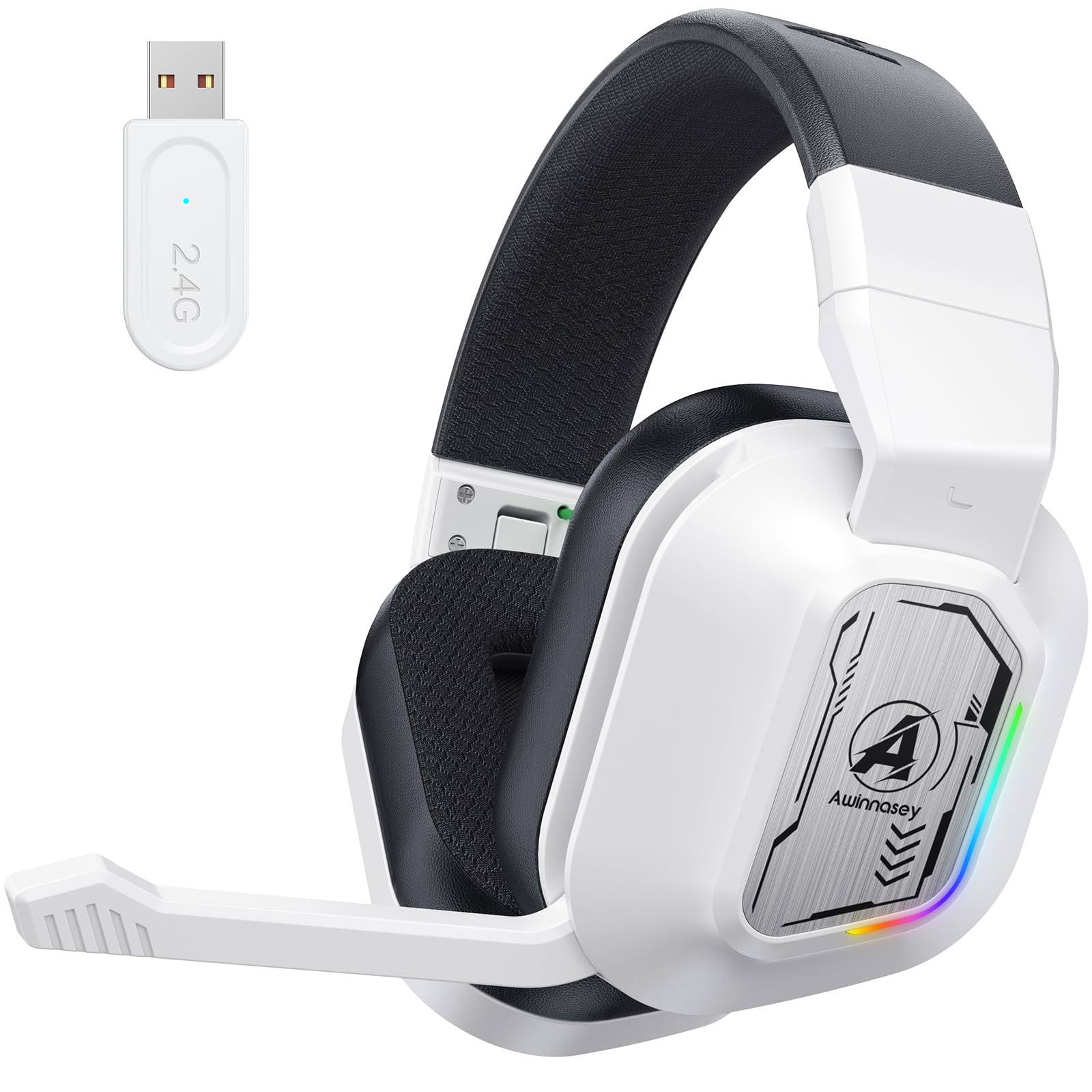 PH4 Wireless Gaming Headset mit Mikrofon, 2,4 GHz Gaming Kopfhörer für PS5, PS4, PC, Switch, Mac, Faltbarer Geräuschunterdrückung Bluetooth Kopfhörer mit LED Licht, Weiß Schwarz