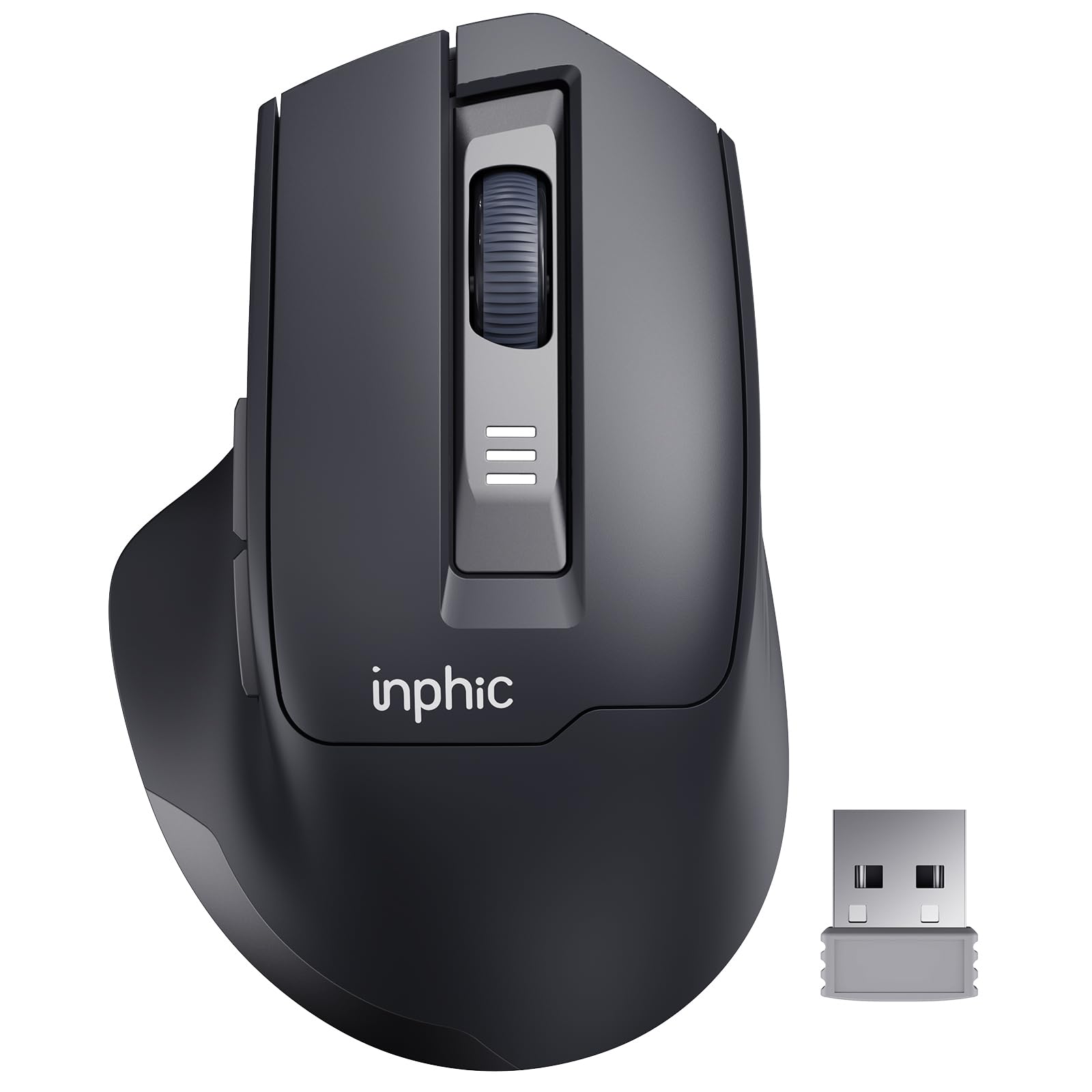 INPHIC M9 Kabellose Maus Wiederaufladbar, Ergonomische 2.4G Schnurlose Maus mit USB Nano Empfänger für Laptop PC Computer, Akkustand sichtbar, 2400DPI, Silent Click, Schwarz