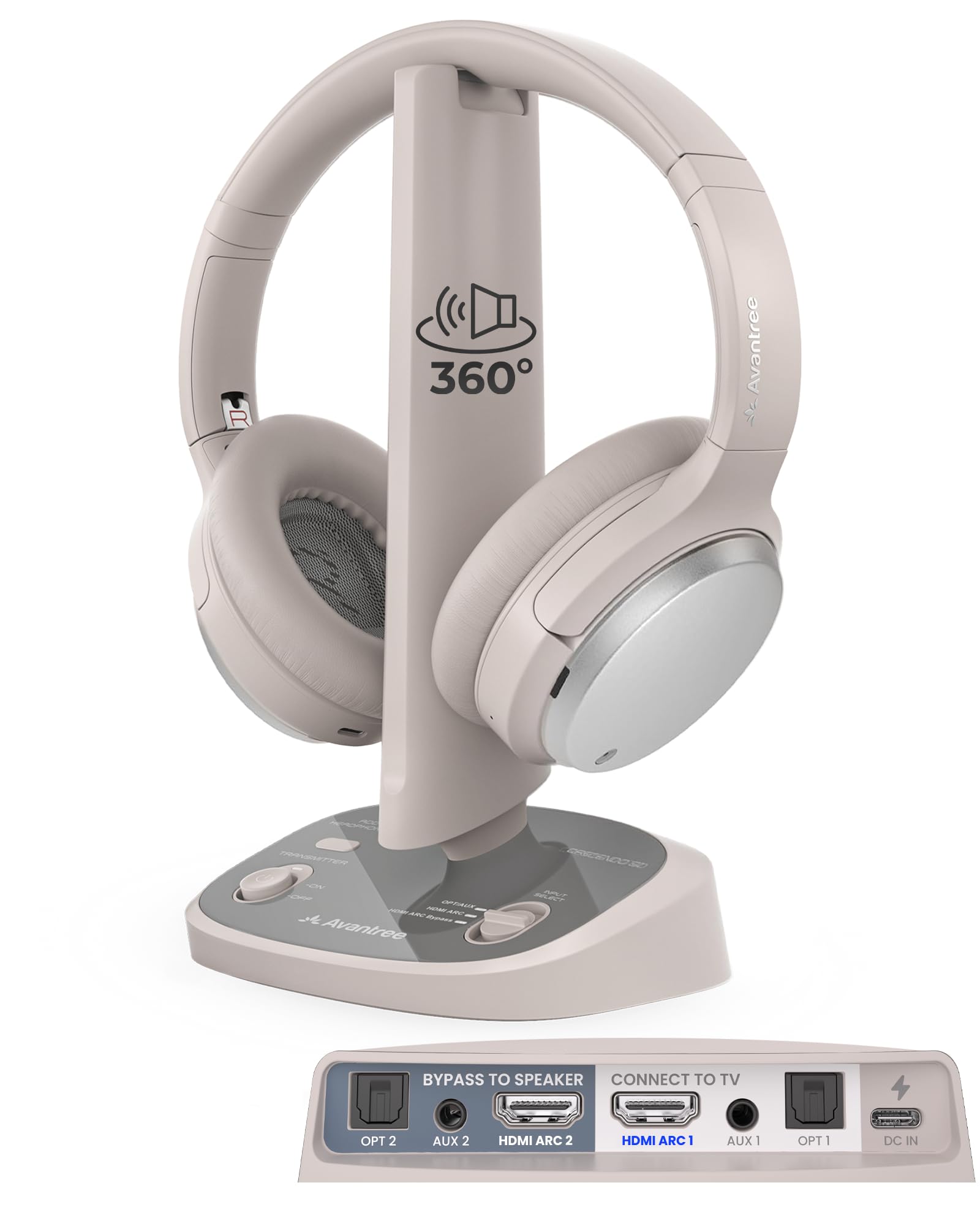 Avantree Crescendo 3D – 3D Surround Sound Funkkopfhörer Kabellos TV Fernseher, Cinema Modus, Transmitter-Ladestation mit HDMI ARC Passthrough für Soundbar, 60 Std. Laufzeit, Austauschbarer Akku