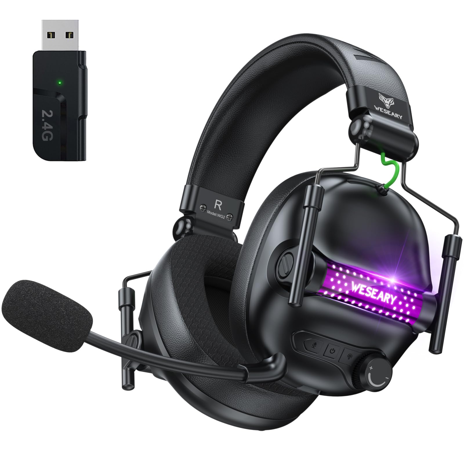 WESEARY Gaming Headset mit Mikrofon, 2,4 G kabelloses Gaming-Headset für PS5, PS4, PC, Switch, Mac, Faltbarer Surround Sound Noise Cancelling Kopfhörer mit LED Licht, Über 50 Stunden Akkulaufzeit