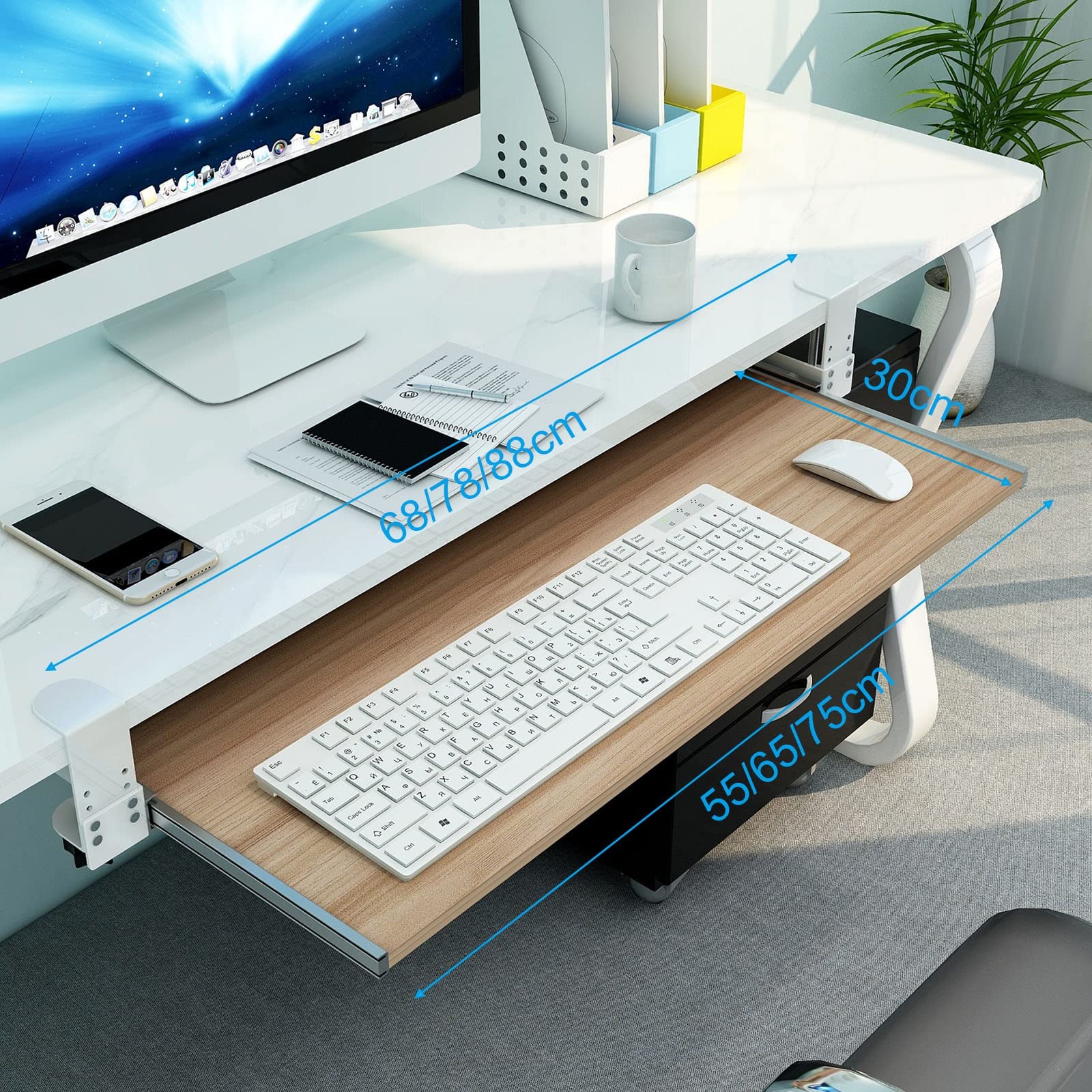 Ergonomische Schreibtischverlängerung – ausziehbare Tastaturablage mit Maus-Plattform und Handgelenkstütze, Walnussholz-Finish, 75 x 30 cm, ideal für Heimbüro und Gaming-Setup