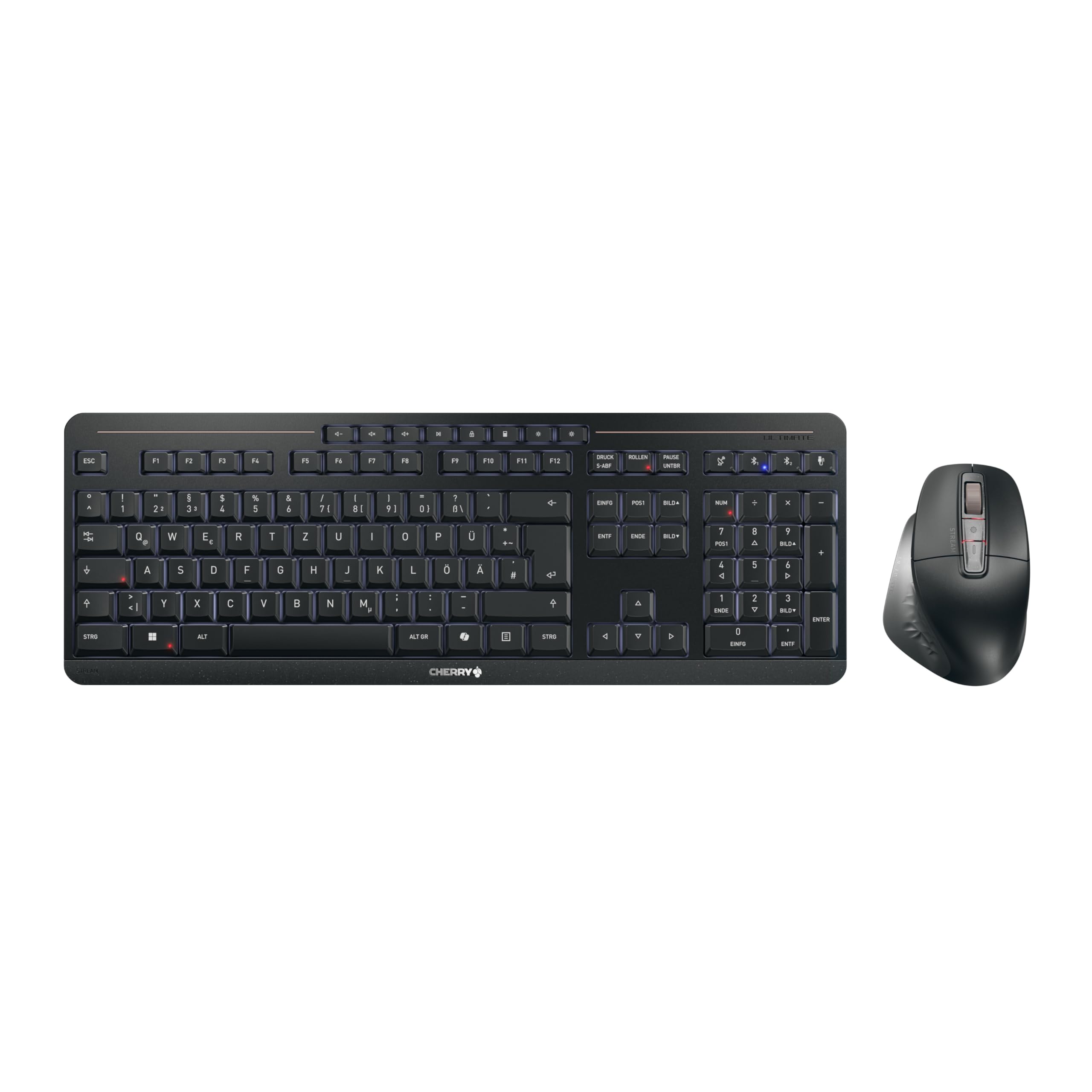 CHERRY Stream Desktop Ultimate, Kabelloses Multi-Device Tastatur-Maus-Set, Deutsches Layout (QWERTZ), Ergonomische Rechtshändermaus, Wiederaufladbar, Schwarz