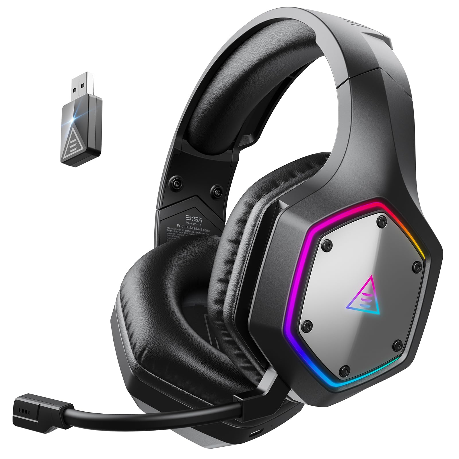 EKSA E1000BT Wireless Gaming Headset für PS5/PS4/PC/Switch/Mac, Bluetooth 5.4 Gaming Kopfhörer Kabellos mit Mikrofon 7.1 Surrond Sound,120 Stunden Akkulaufzeit, RGB, 2,4GHz USB PC Headset