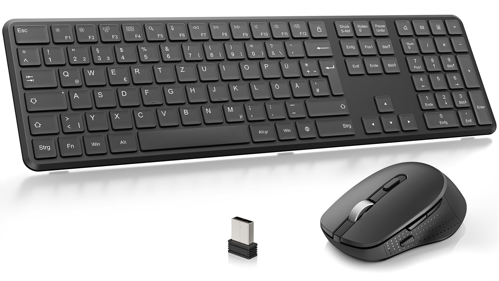 OMOTON Tastatur Maus Set Kabellos, Funktastatur und Maus 2,4 GHz in Voller Größe, QWERTZ Deutsches Kabellose Tastatur mit Maus für Windows 11/10/8/7, Desktop, PC, Laptop (Batteriebetrieben), Schwarz