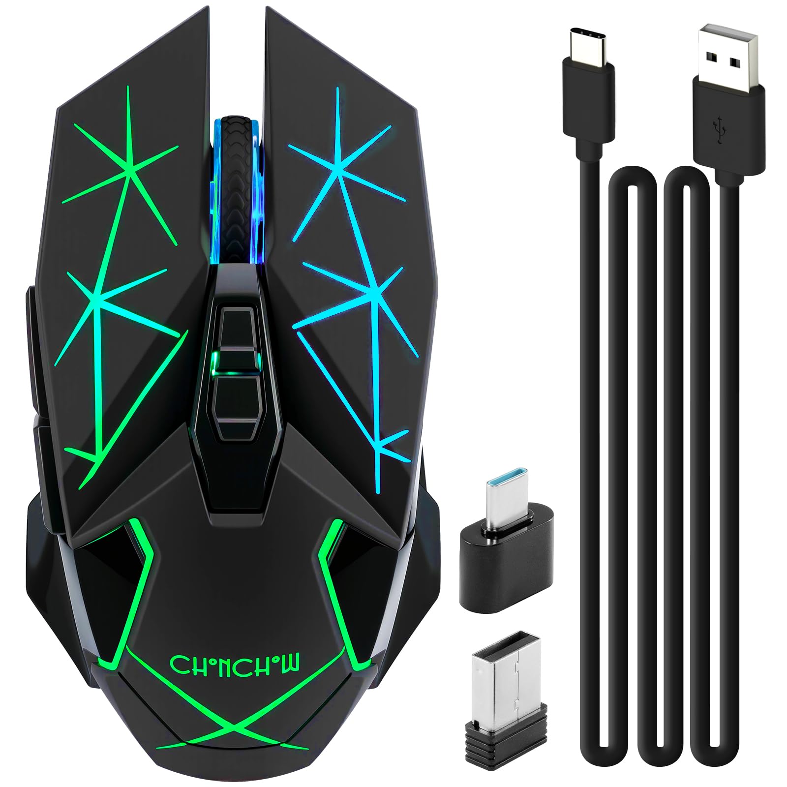 CHONCHOW Kabellose Gaming-Maus für Laptop mit Seitentasten für PS4/PS5/Xbox One, Wiederaufladbare PC-Maus mit 2.4G USB-Empfänger, 3200 DPI/7 Tasten/RGB-Hintergrundbeleuchtung, Maus