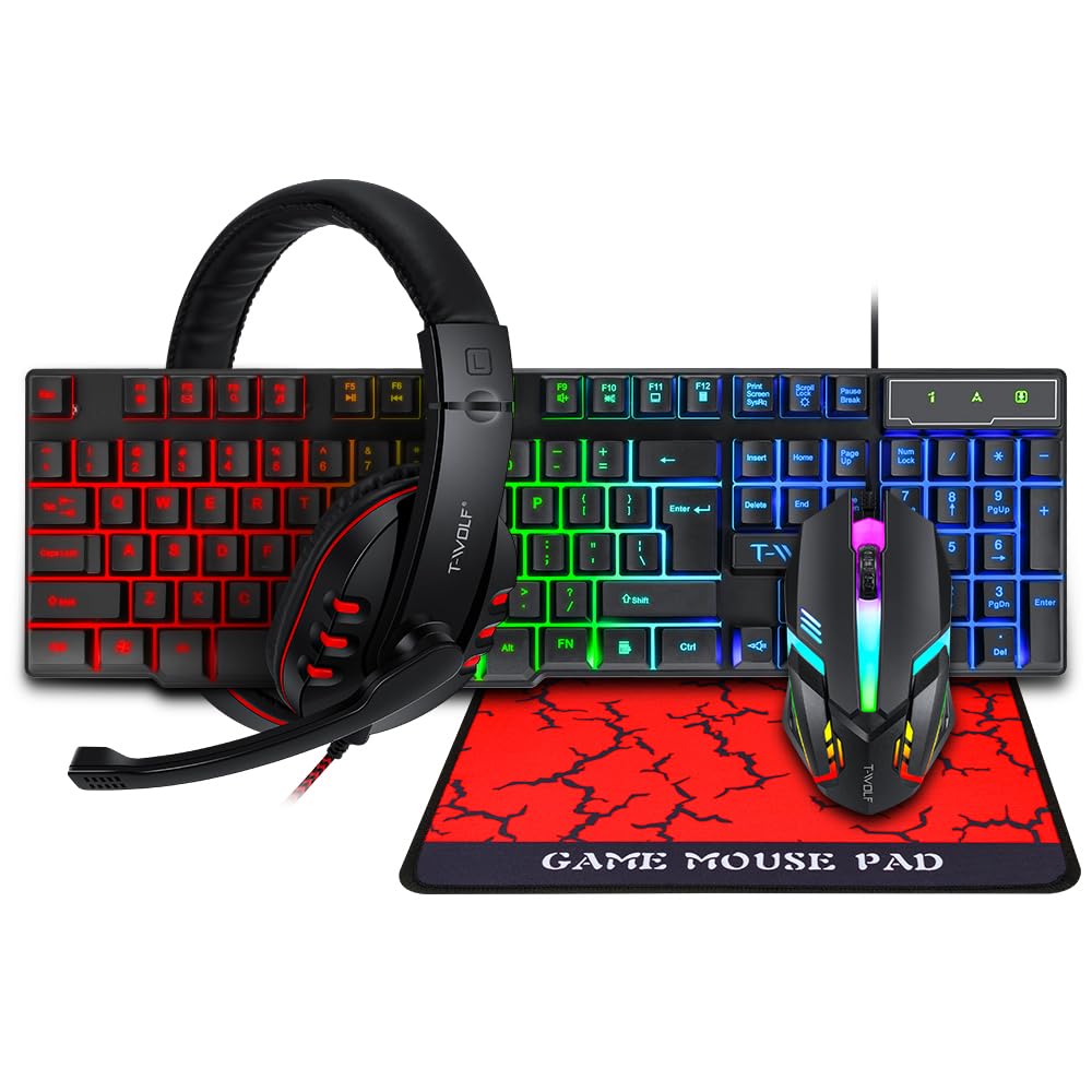 Denash Gaming Tastatur Combo Set, 104 -Taste -RGB -Hintergrundbeleuchtung, Ergonomische Gaming Maus, 3,5 -mm