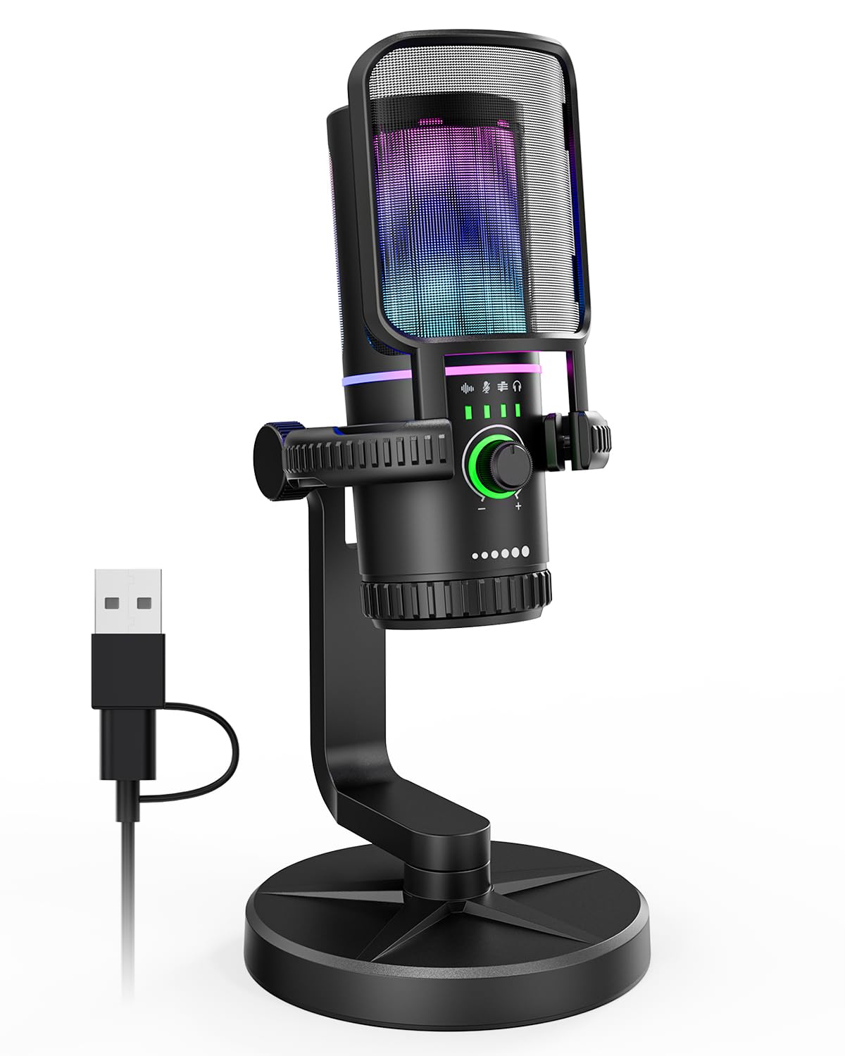 SINWE Gaming Mikrofon mit Geräuschunterdrückung & Verstärkungsregelung - USB PC Mikrofon für Streaming, Gaming, Podcasts, PC, PS4 - Inklusive Pop-Filter, Shock Mount, Quick Mute & RGB Beleuchtung
