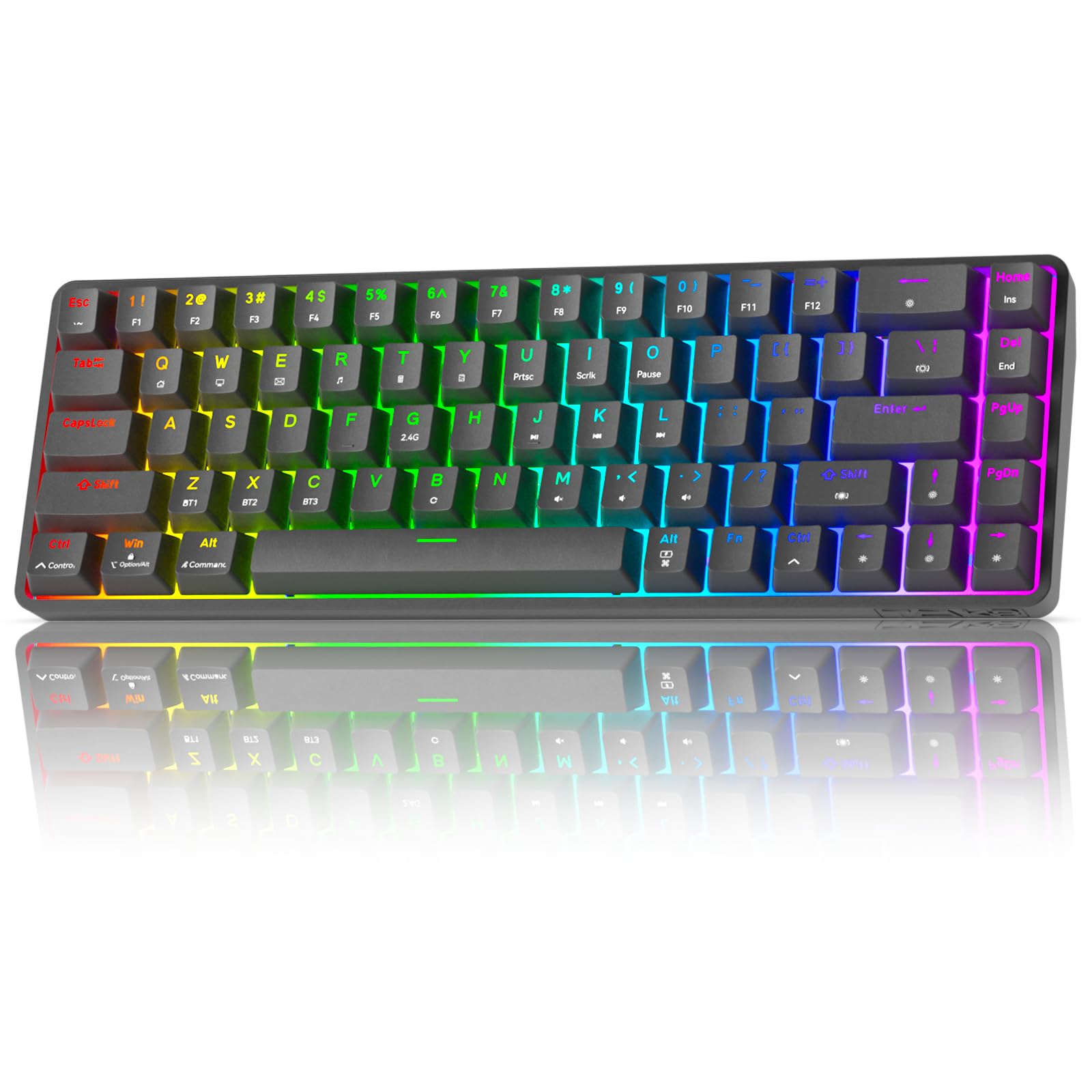 TMKB T68 Kabellose Mechanische Gaming-Tastatur, Tri-Mode (Bluetooth/5.0/2.4GHz/USB-C), 60% RGB Tastatur mit 68 Tasten (QWERTY Layout), Blue Switches - Schwarz