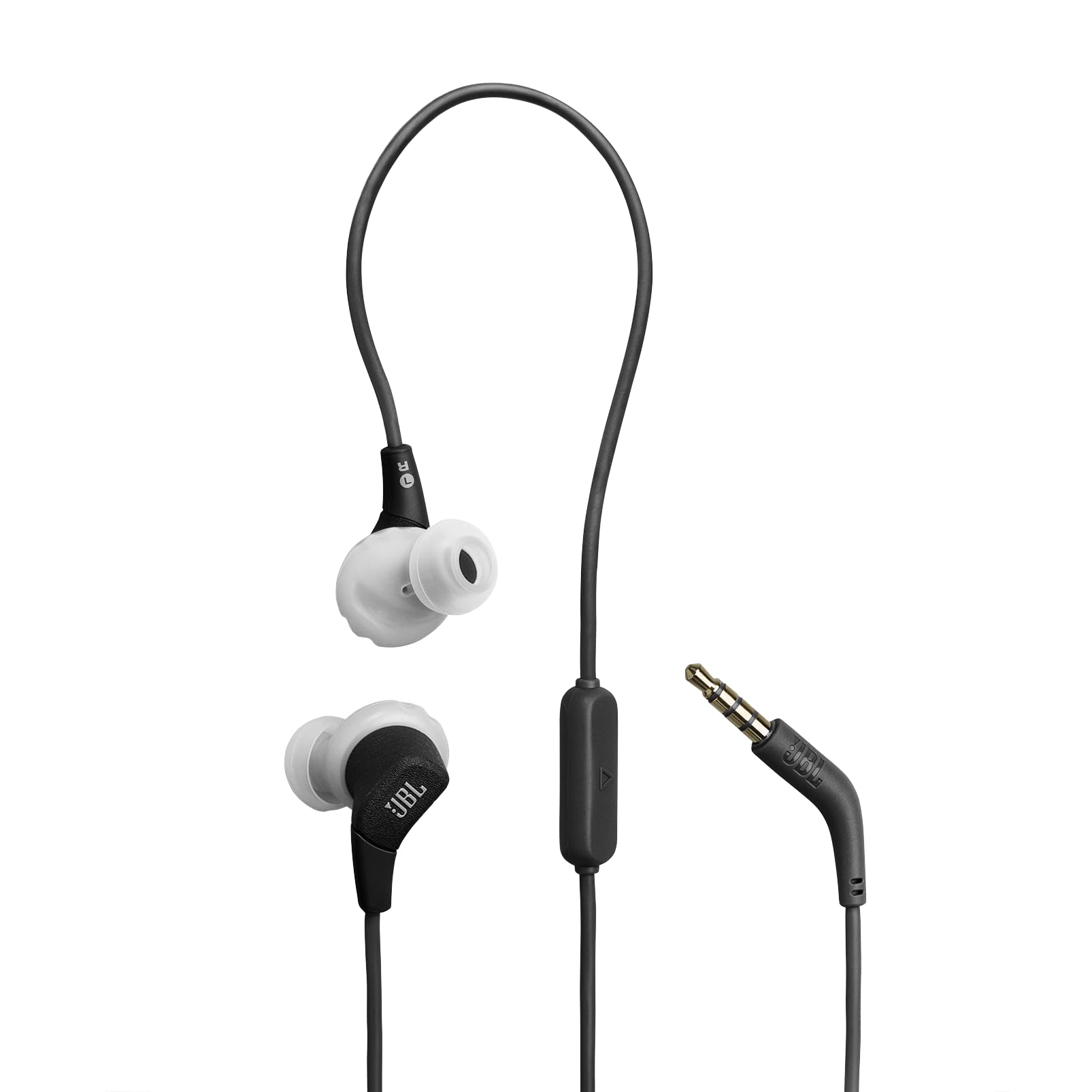JBL Endurance Run 3 In-Ear-Sport-Kopfhörer mit Kabel, FlipHook- und TwistLock-Technologie, IP65 Wasser-/Staubschutz, JBL Pure Bass Sound, In-Line-Mikrofon und Fernbedienung, Schwarz/Grau
