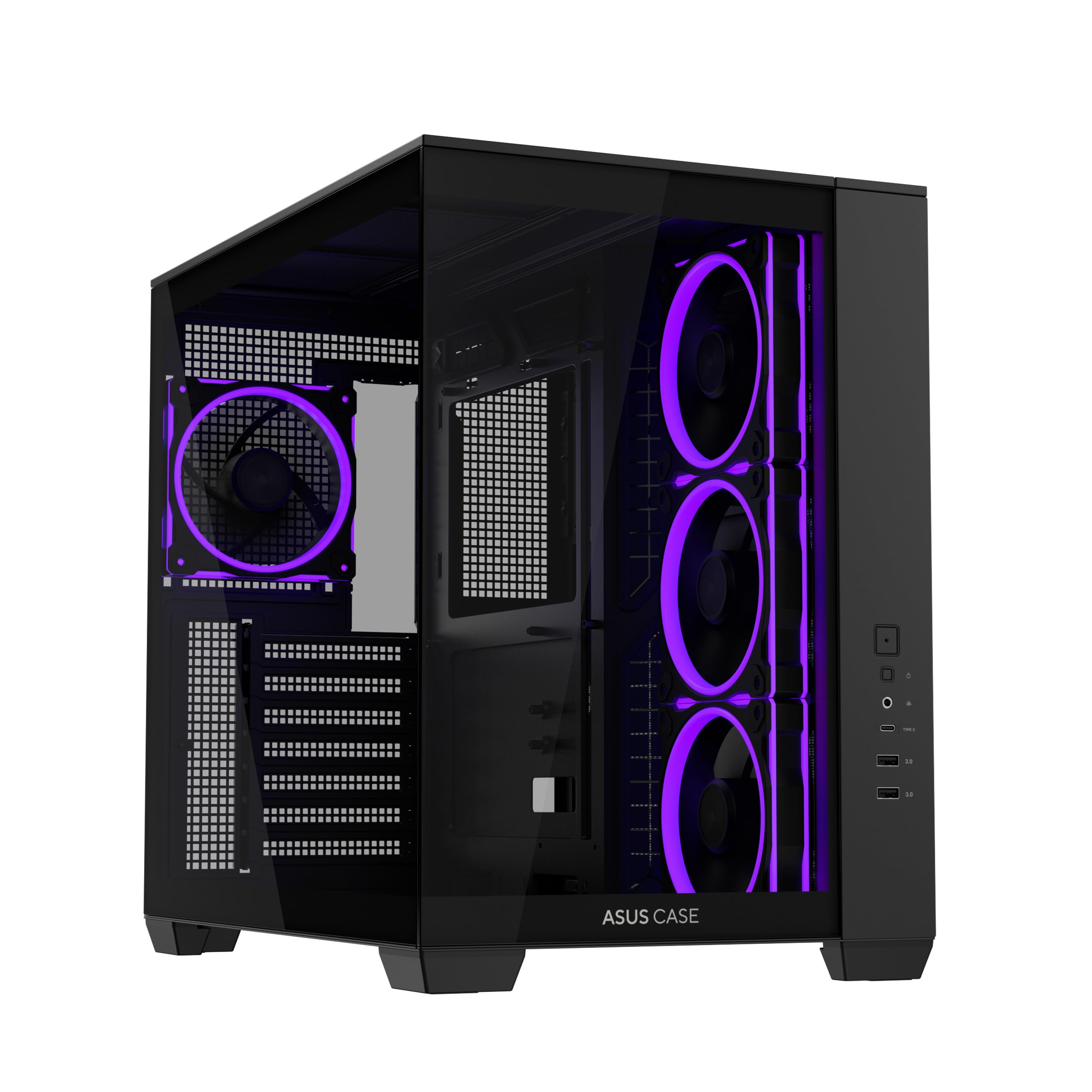 ASUS A32 Plus Black ATX-PC Gehäuse (vorinstallierte ARGB-Lüfter, Panorama-Design, Frontpanel aus Glas, kompatibel mit 360-mm-Radiatoren und 420-mm-Grafikkarten, Frontpanel USB Typ-C, Schwarz)