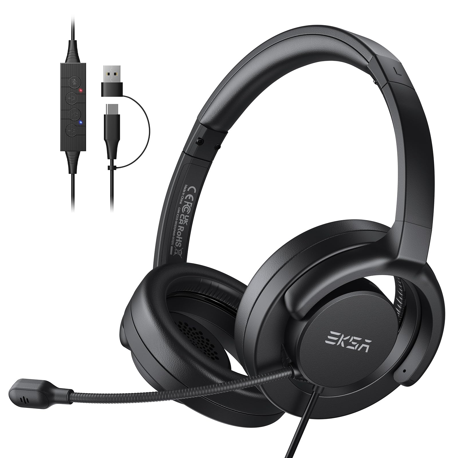 EKSA H27 PC Headset mit Mikrofon, Open-Ear Headset mit Kabel, Headset mit Geräuschunterdrückung, USB-C & USB-A Klinkenstecker Headphone, Over-Ear Headset für Laptop/Büro/Callcenter/Teams