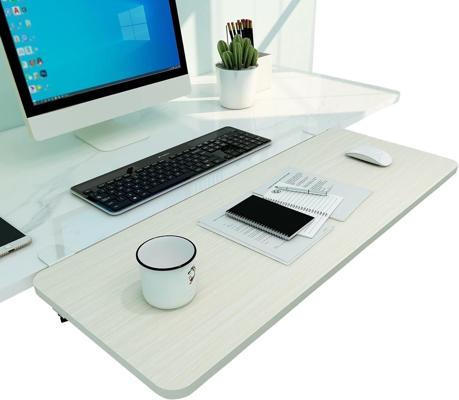 Verstellbare ergonomische Tastaturablage aus Holz – 90° Schreibtischverlängerung C-Klemm-Design ohne Bohren unterstützt Maus & Arme 55/65/75 cm – perfekt für Home Office & Gaming Setup