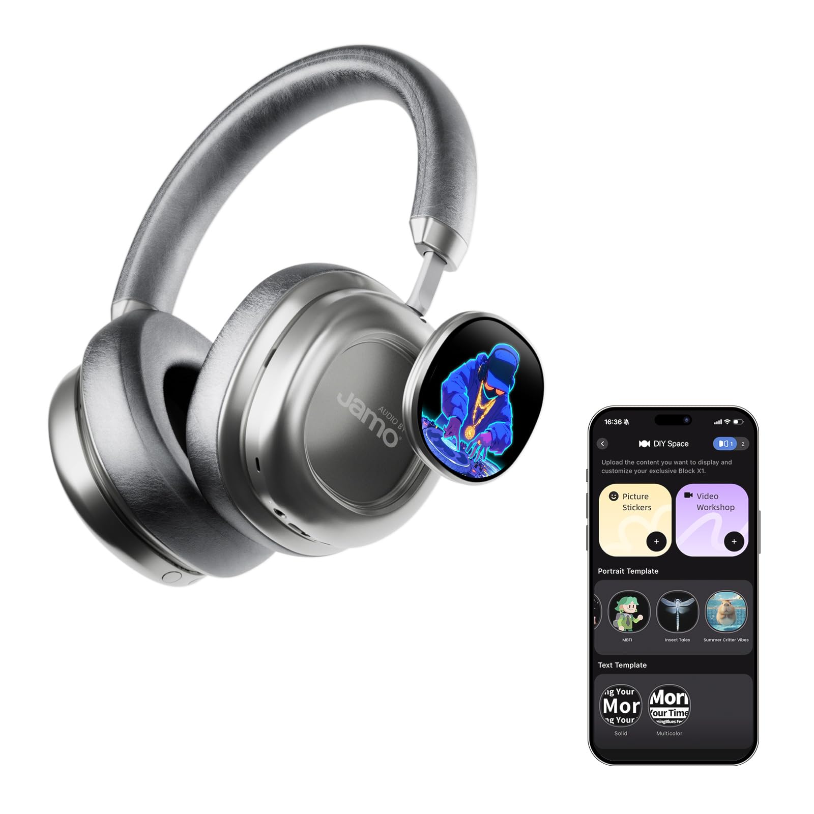 VWS X1 Kabellose Over-Ear-Bluetooth-Kopfhörer, geräuschunterdrückende Kopfhörer mit 40-mm-Jamo-Treibern, Dual-OLED-Touchscreen, APP-Steuerung, 60-Stunden-Spielzeit, Silber