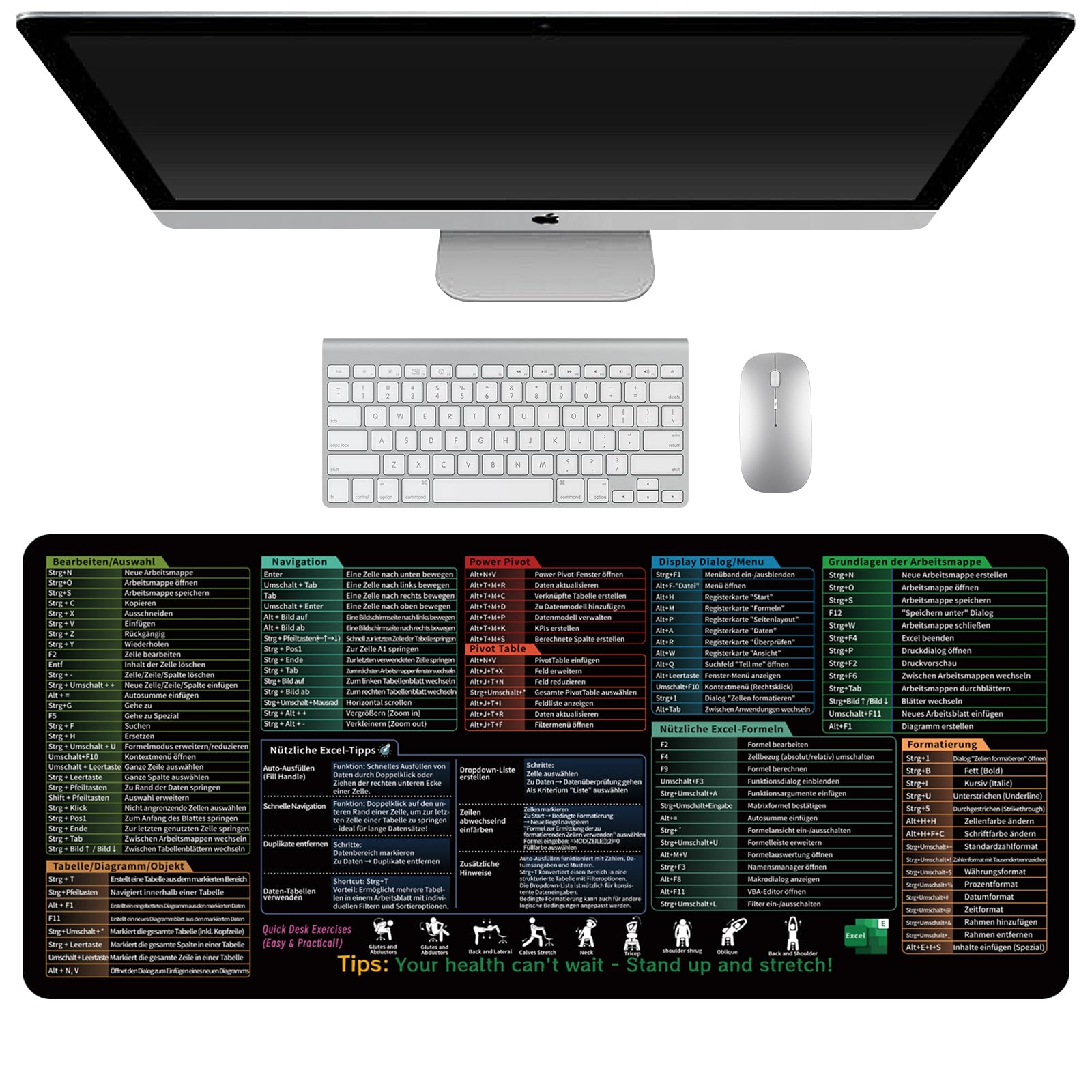 Mauspad XXL, Excel Shortcuts Schreibtischunterlage Deutsch, Großes 900x400mm Desk Mat, Multifunktional Komfortabel Gaming Mousepad mit Word-PPT-Windows für Büro, Gaming und Zuhause Desktop(Schwarz)