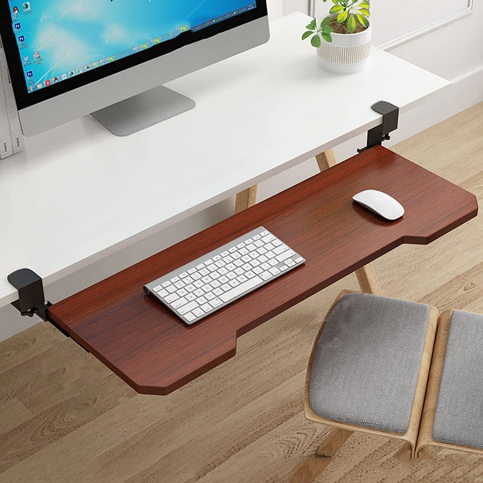 Erweiterbare Holz-Tastaturablage unter dem Schreibtisch, C-Teak-Finish, 52 x 25 cm, glatte Gleitschienen für Tastatur und Maus, platzsparendes Design für Heimbüro und Gaming-Setup