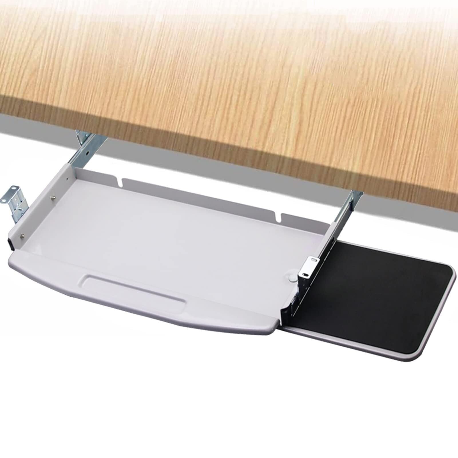 Ergonomische, verstellbare Tastaturablage unter dem Schreibtisch mit Metall-Maus-Plattform, platzsparende ausziehbare Schublade für Heimbüro und Gaming-Schreibtische – schlankes weißes Design für