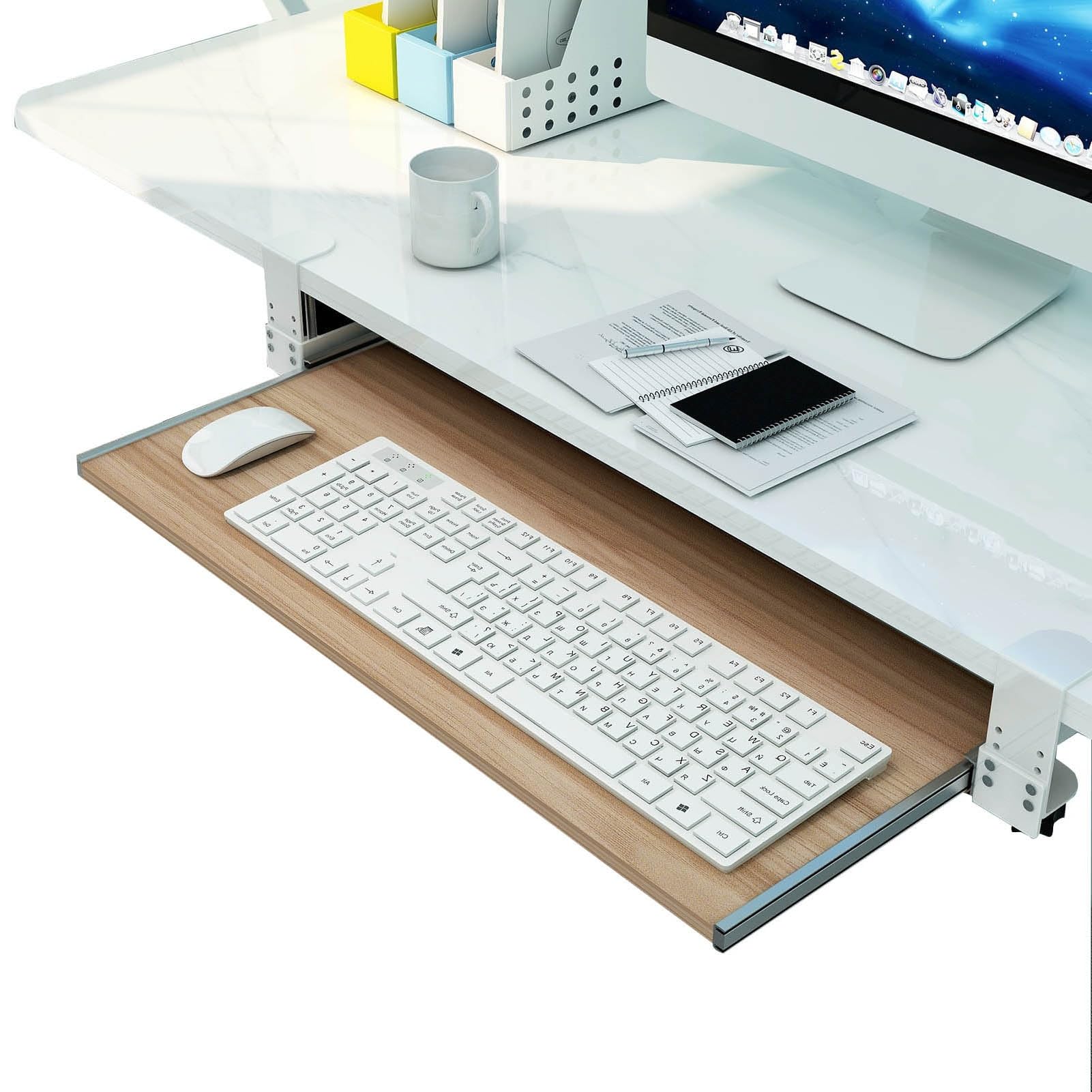 Verstellbare, ergonomische Tastaturablage unter dem Schreibtisch mit Maus-Plattform, platzsparendes Klemm-Design für Home Office und Gaming, steigert Komfort und Produktivität.